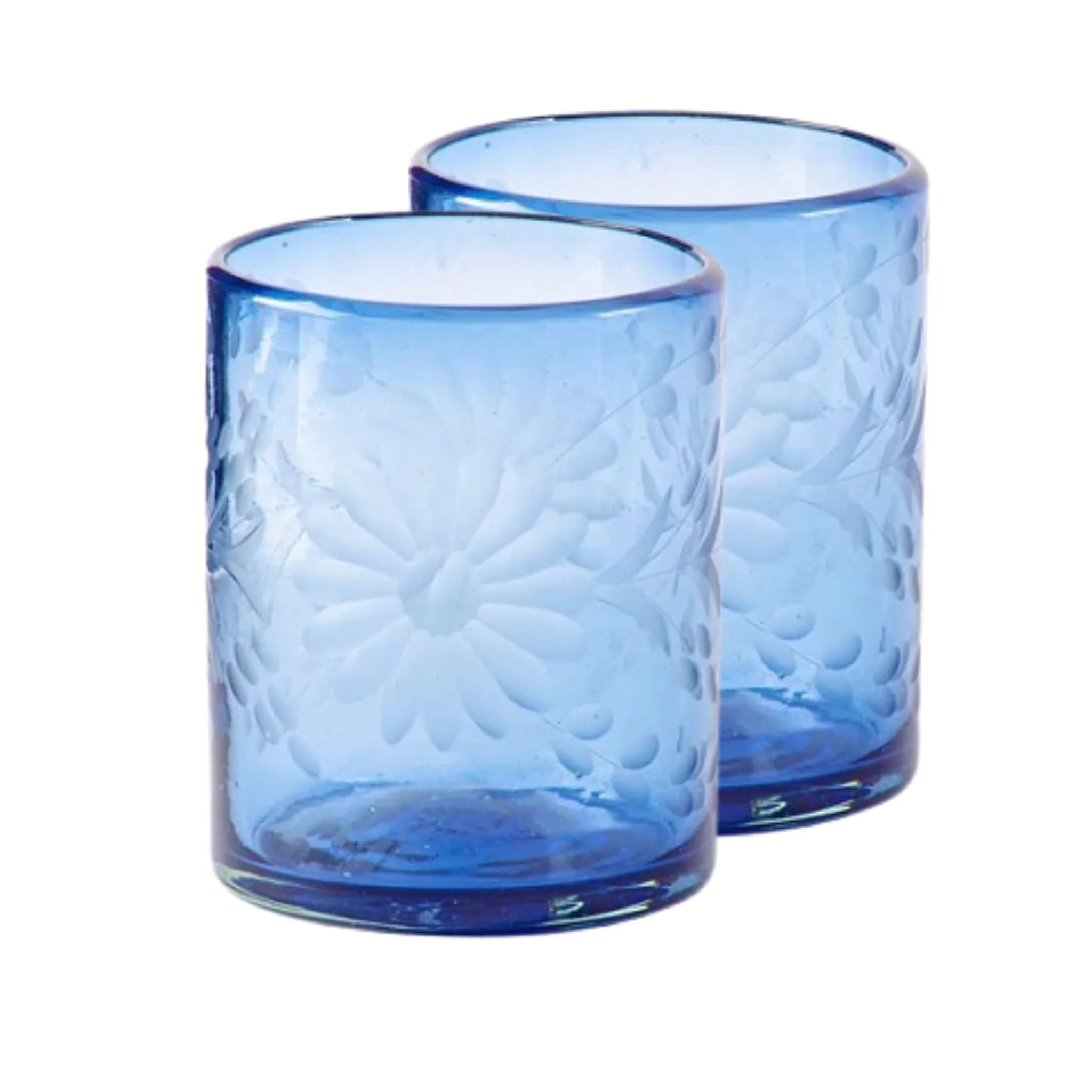 Set of 2 French Blue Etched Glass Tumbler