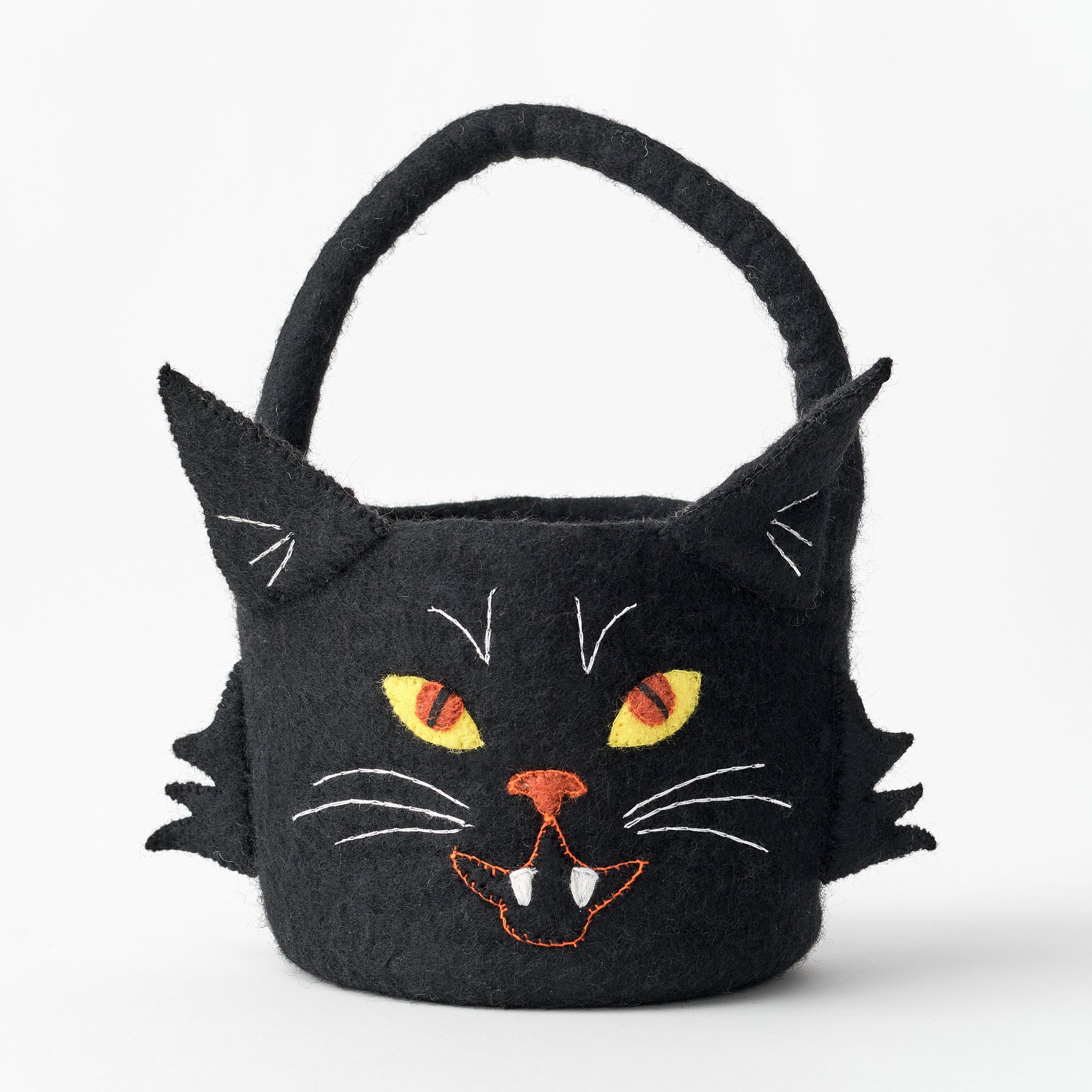 Handmade, fair trade, felt Black cat-shaped basket with embroidered face on a white background | Global Goods Partners