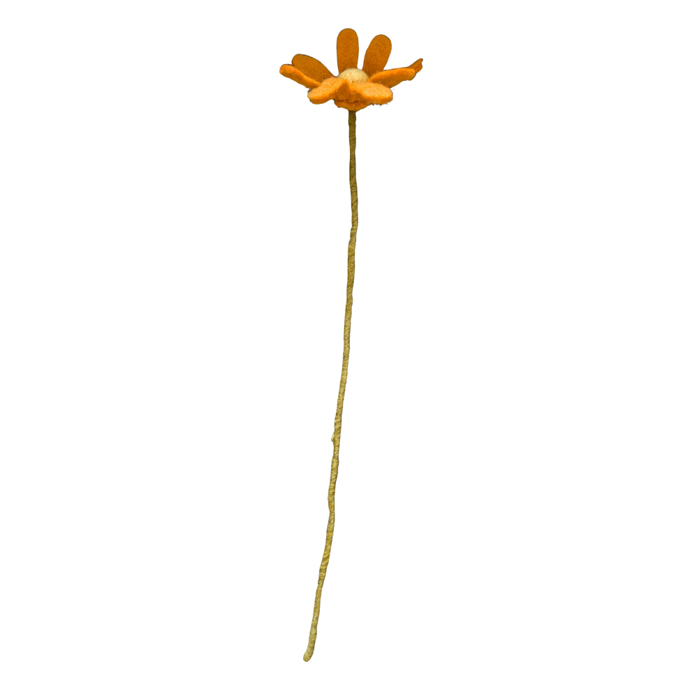 Single orange fair trade felt flower with a long stem on a white background | Global Goods Partners