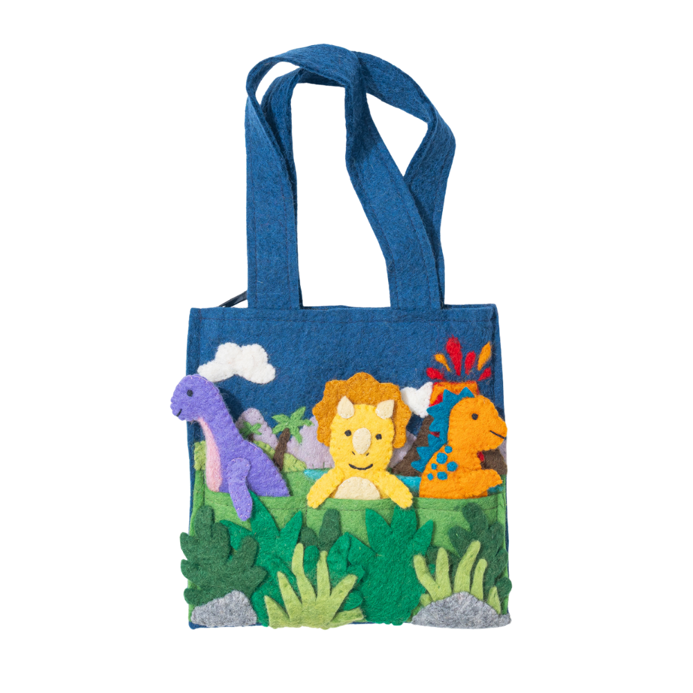 Felt handmade tote bag with colorful animal illustrations on a white background | Global Goods Partners