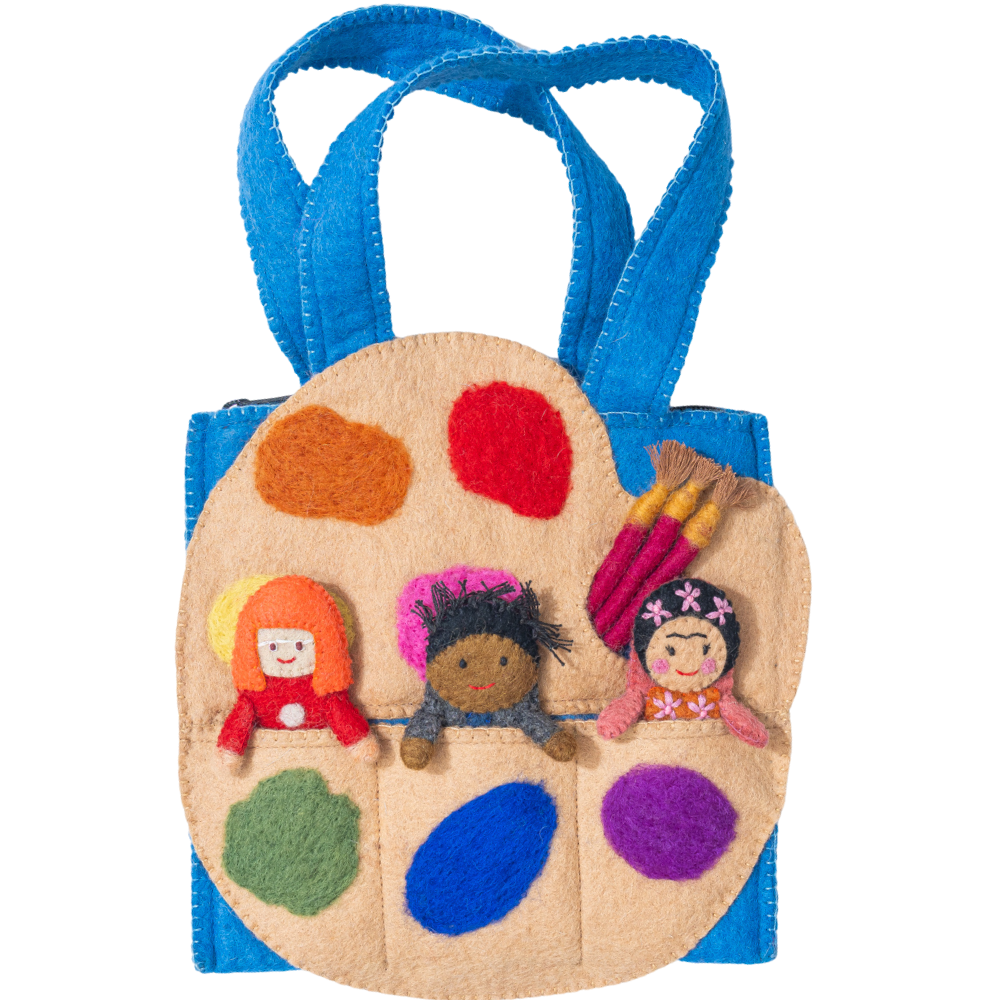 Colorful felt bag with three embroidered finger puppets on a white background. Handmade in Nepal | Global Goods Partners