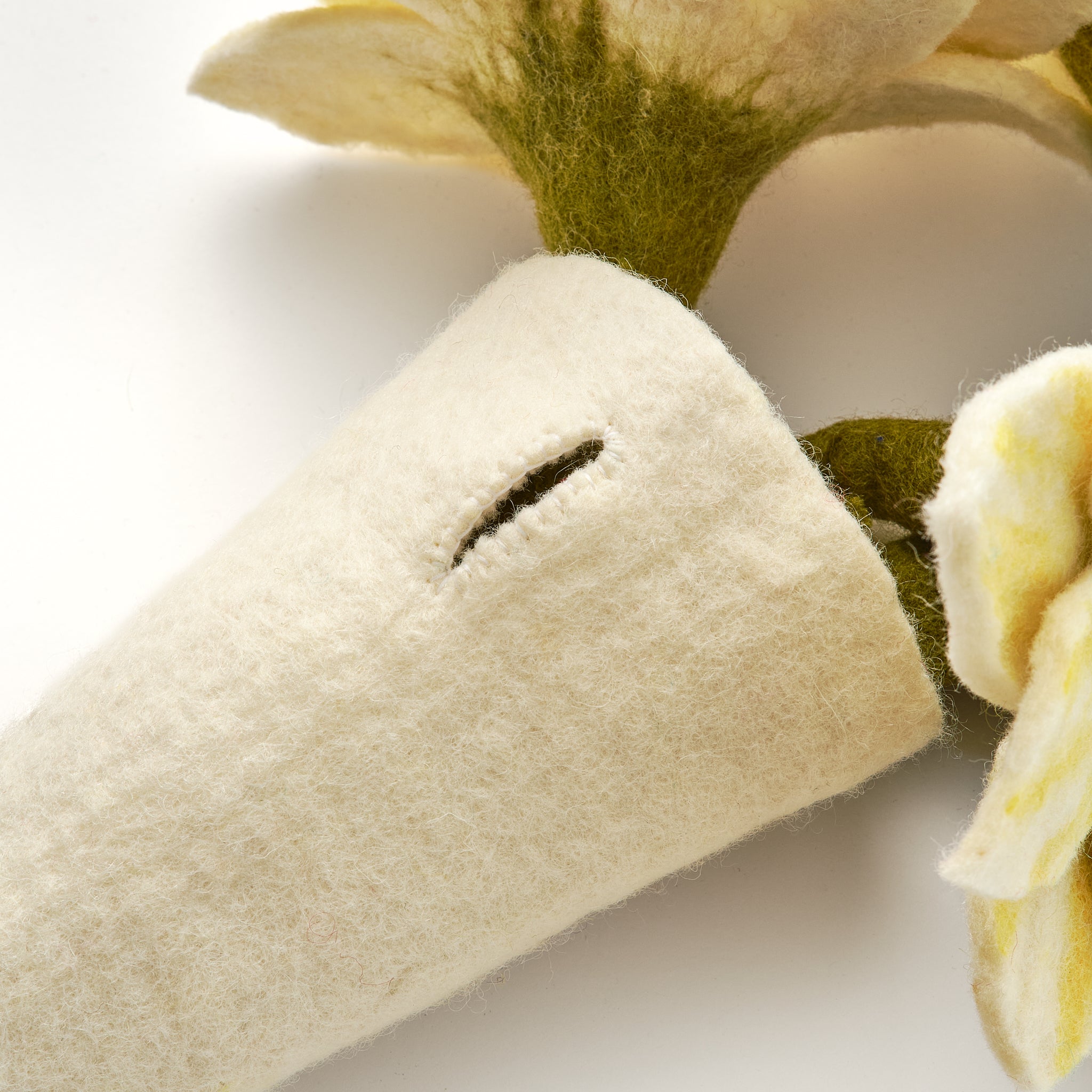 Close-up of a felt vase with a button hole to hang on a white background, handmade and fair trade | Global Goods Partners