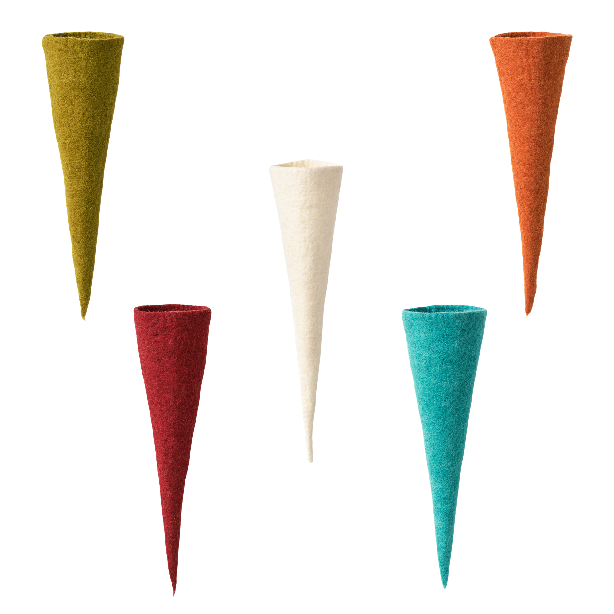 Set of colorful felt vases on a white background, all handmade and fair trade | Global Goods Partners