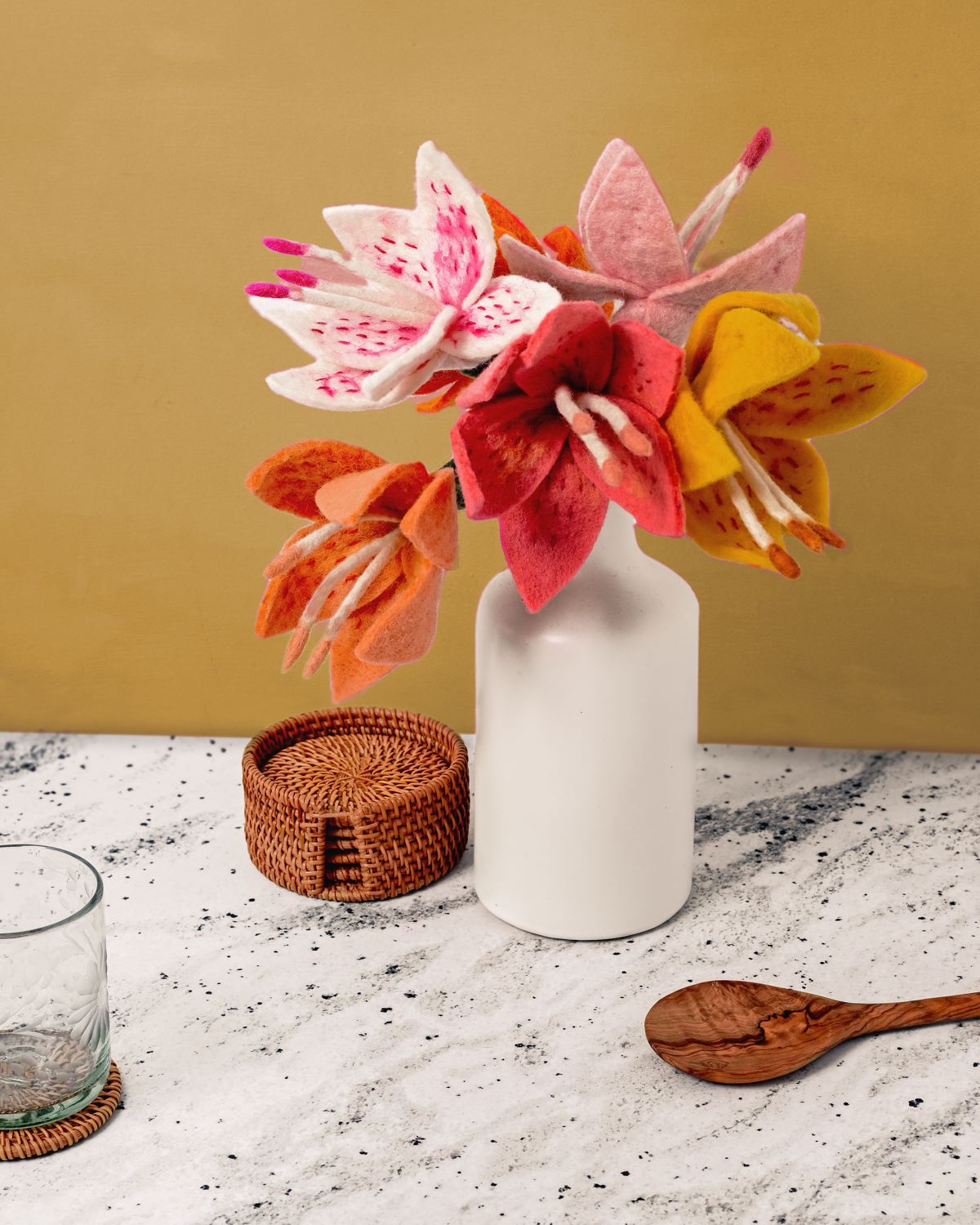 Felt Stargazer Lily Flowers in a white vase - Fair Trade -Global Goods Partners