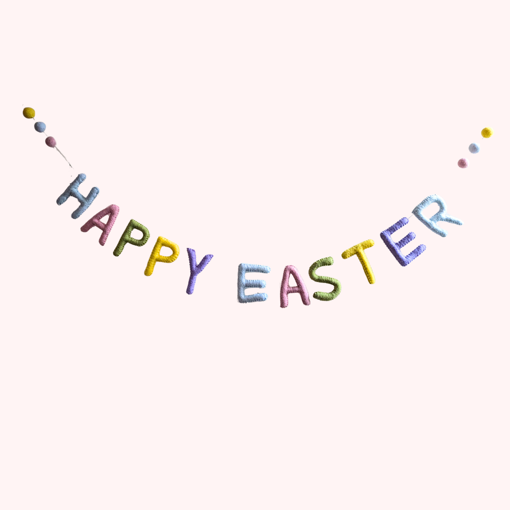 Handmaid felt garland that reads Happy Easter with easter eggs on the hand | Global Goods Partners