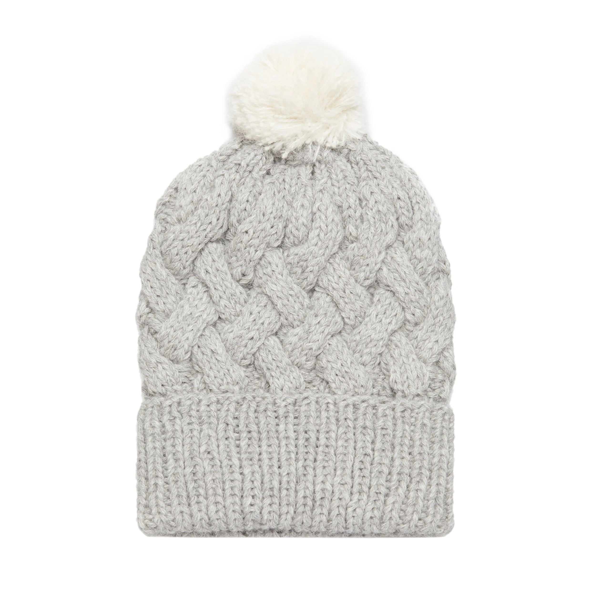 Grey Pom Pom Cable Knit Hat