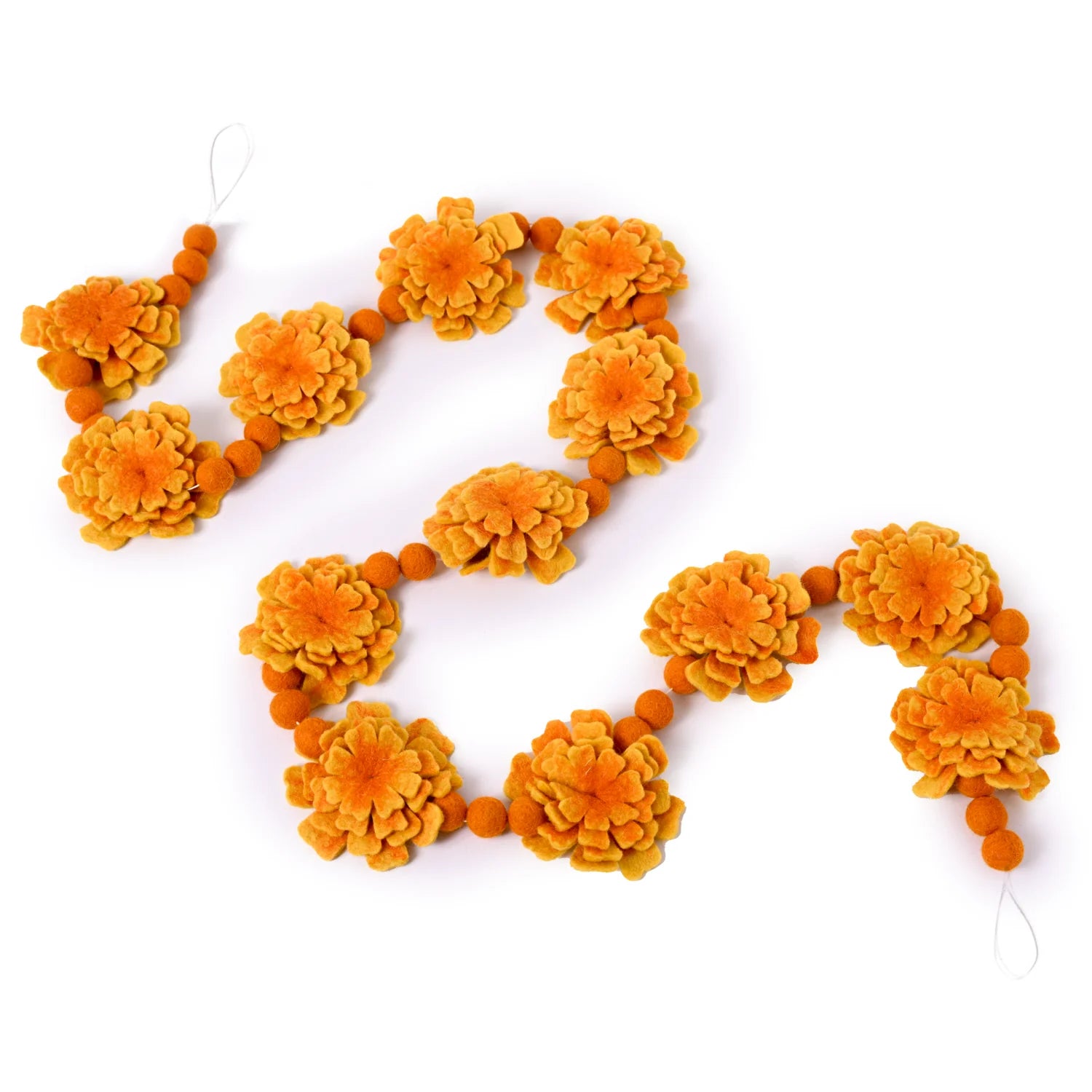 close-up marigold orange felt garland for celebration decor - Global Goods Partners Fair Trade