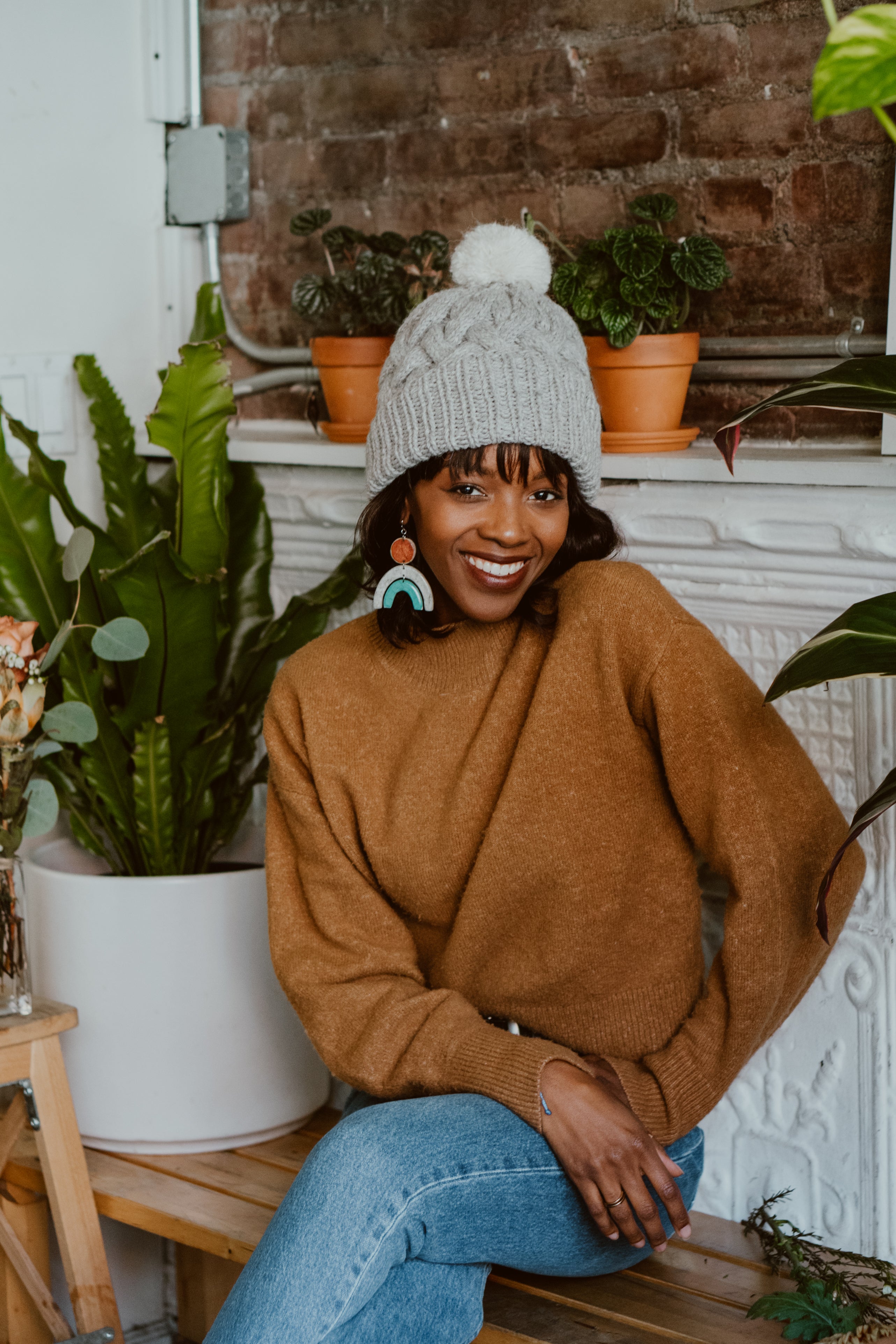 Grey Pom Pom Cable Knit Hat