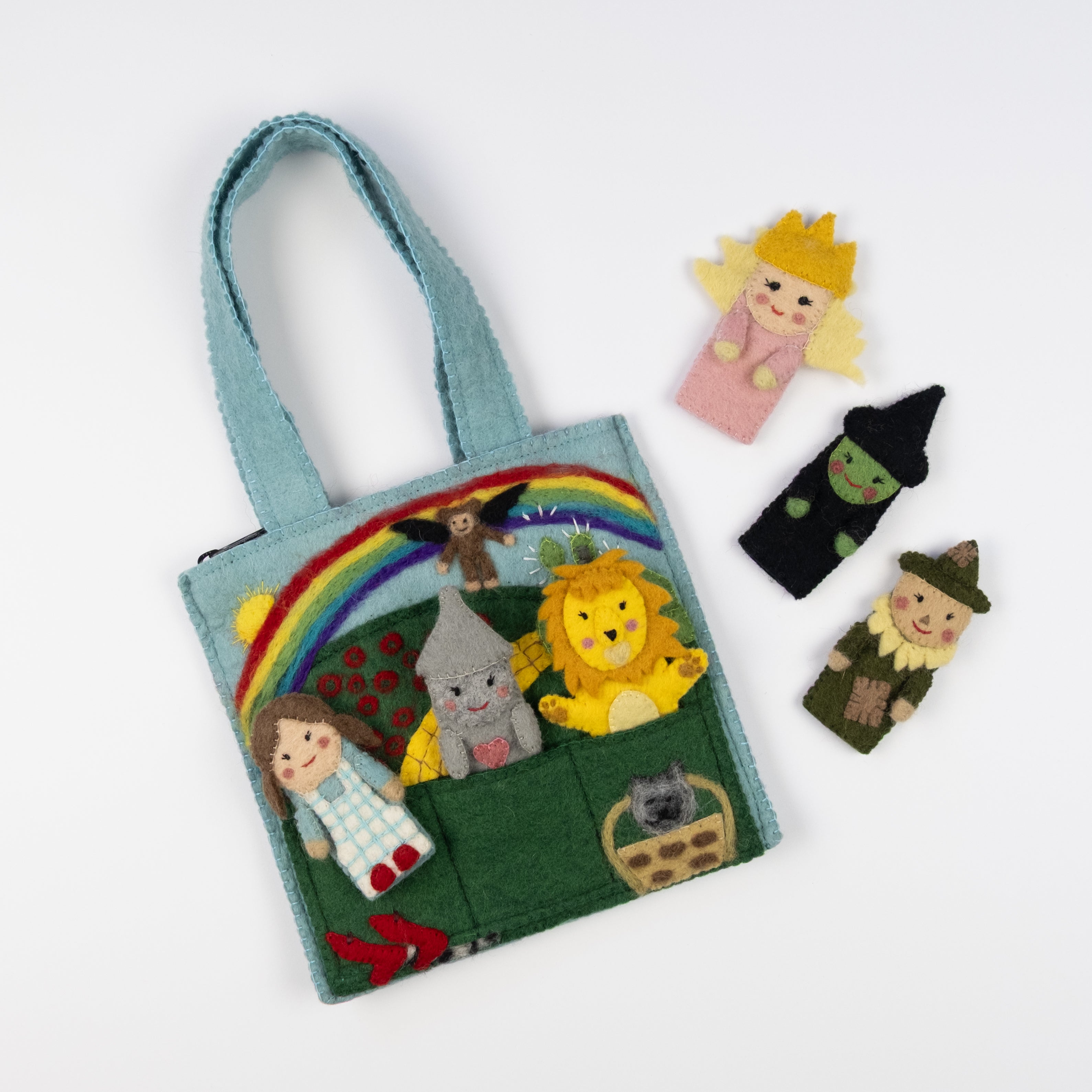 Felt wizard of oz puppet bag set with a colorful bag on a white background | Global Goods Partners