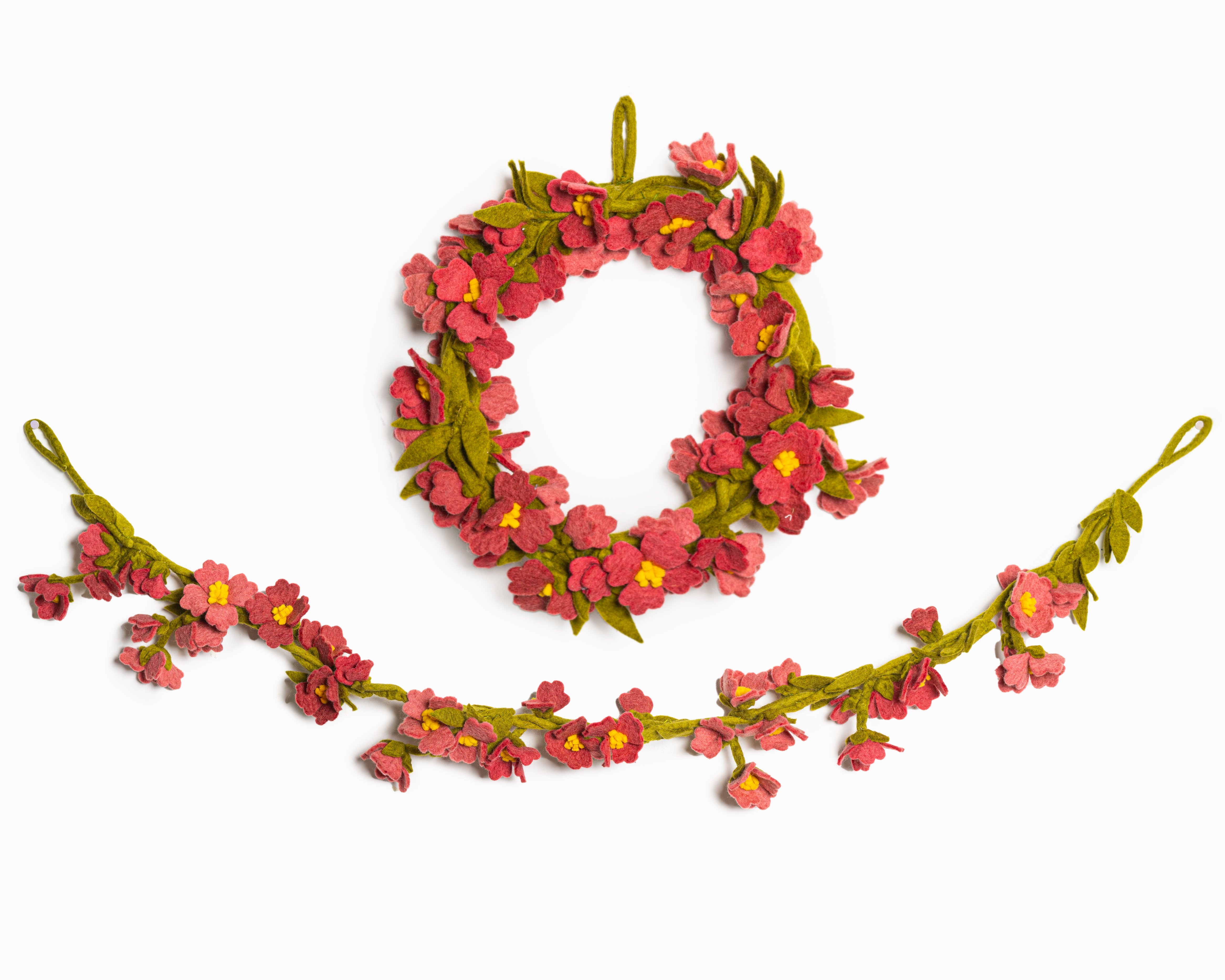 Hanging Pink Cherry Blossom Felt Garland and Wreath for Celebrations -Fair Trade - Global Goods Partners