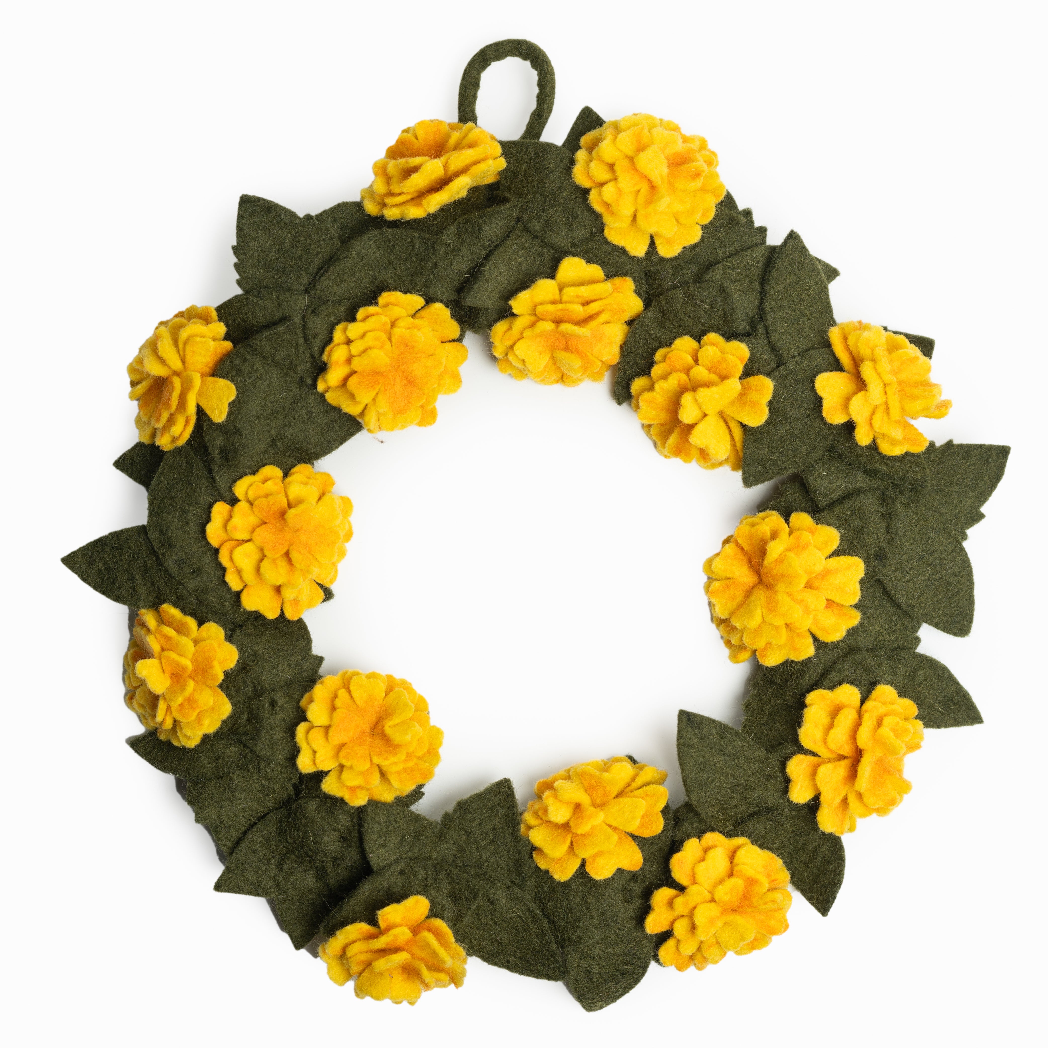 Felt Green Leaves and Marigold Wreath for Front Door - Fair Trade Made - Global Goods Partners