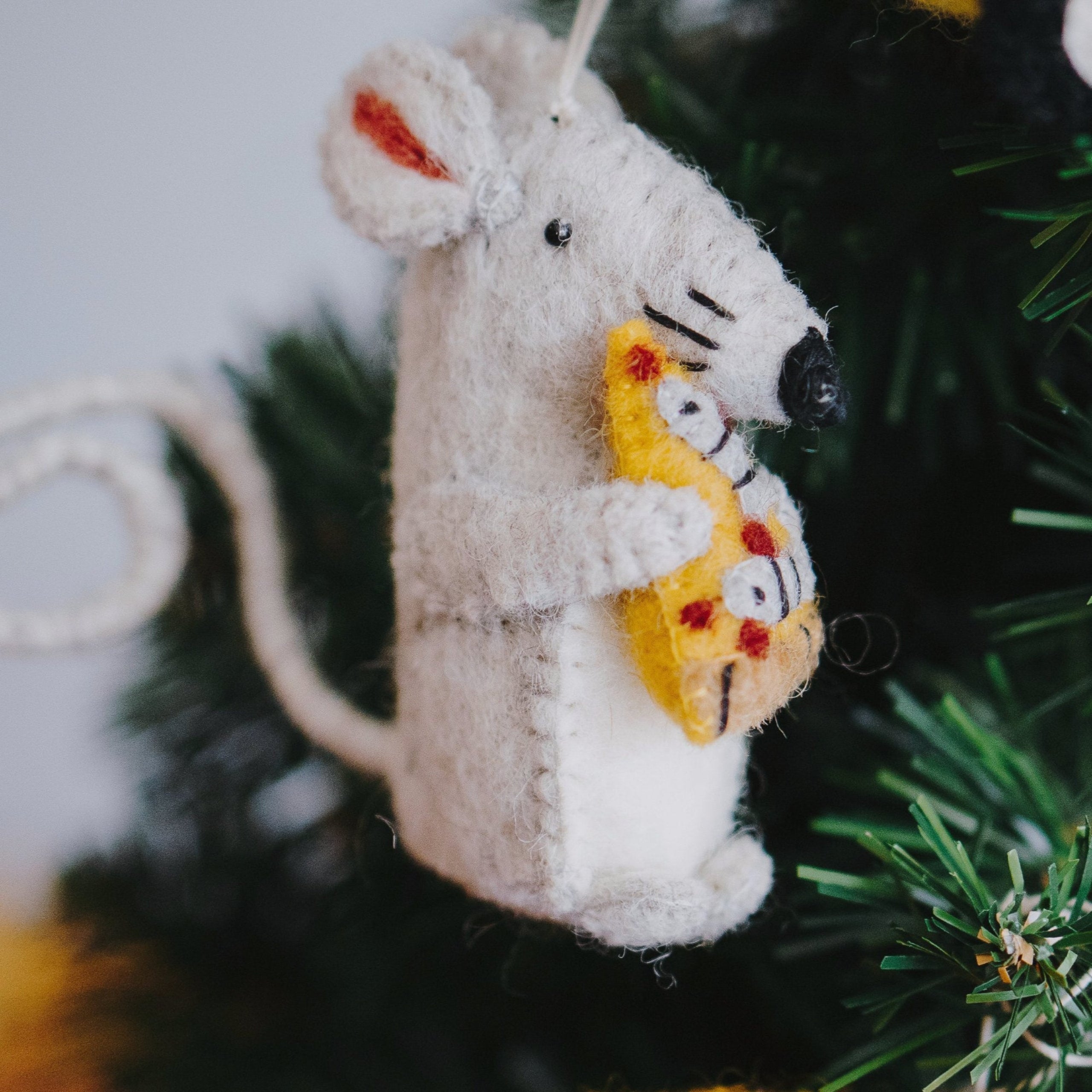 Felt NYC Pizza Rat Ornament on Christmas Tree - Fair Trade - Global Goods Partners
