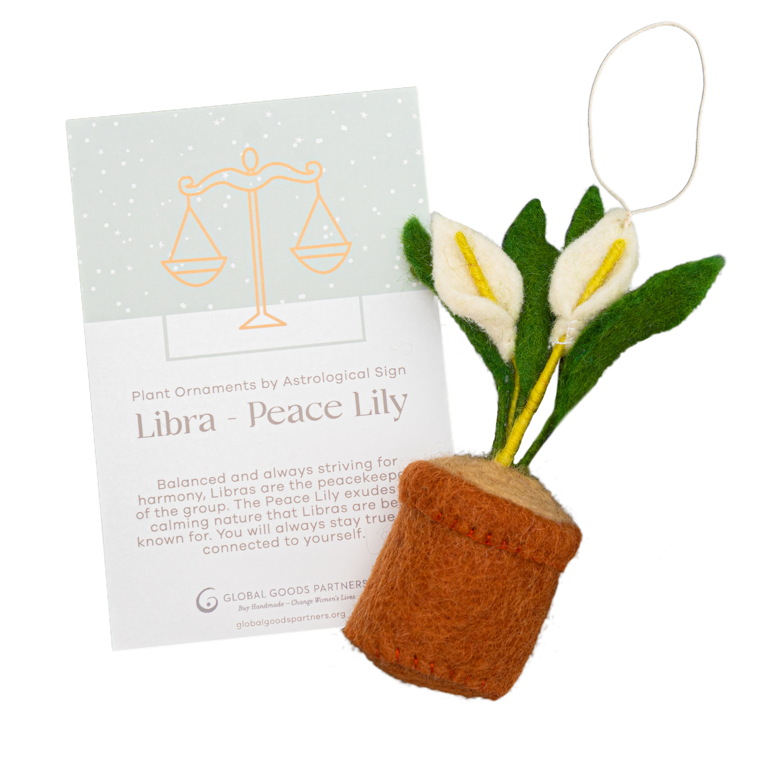 Felt Peace Lily Plant Ornament- Libra Astrology Signs With Card - Fair Trade - Global Goods Partners