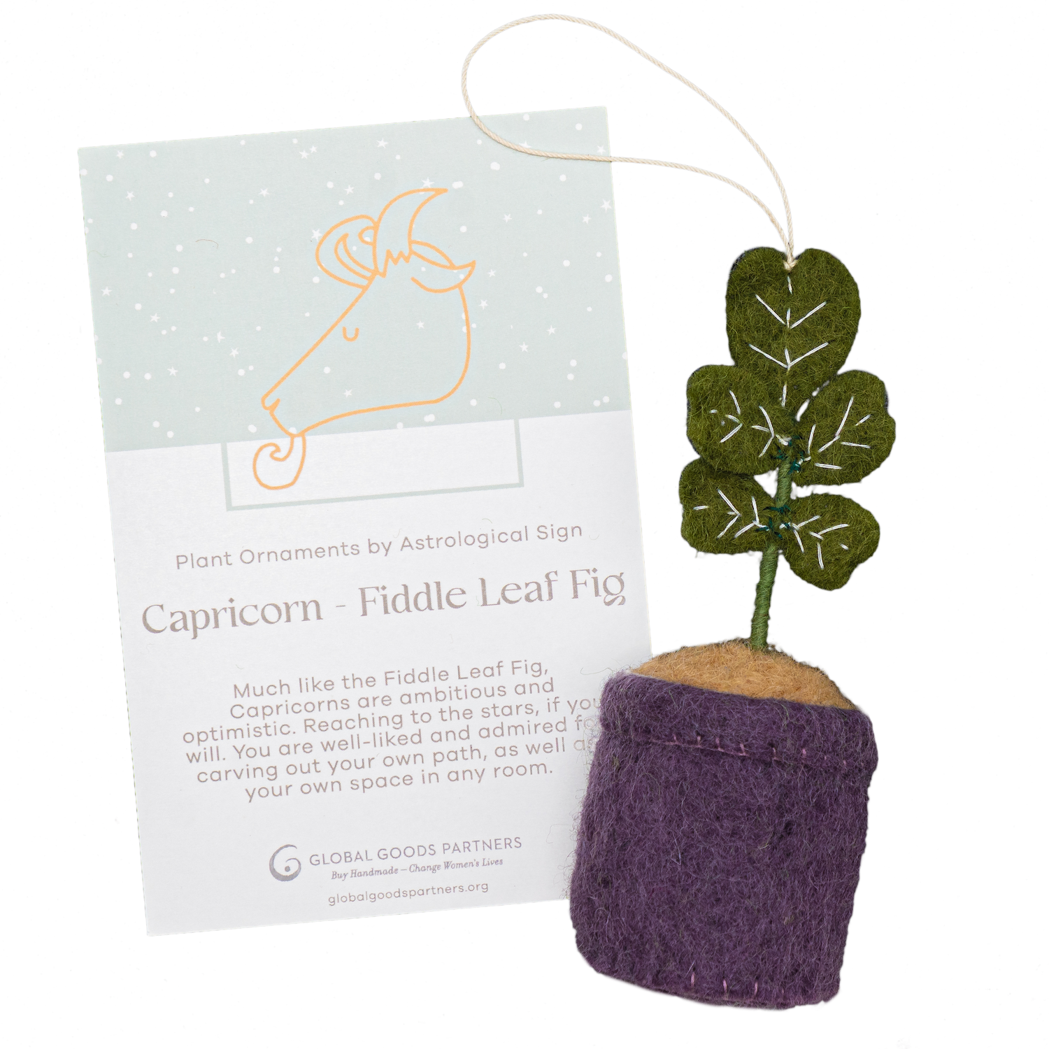 Felt Fiddle Lead Fig Plant Ornament Capricorn Astrology Signs With Card - Fair Trade - Global Goods Partners