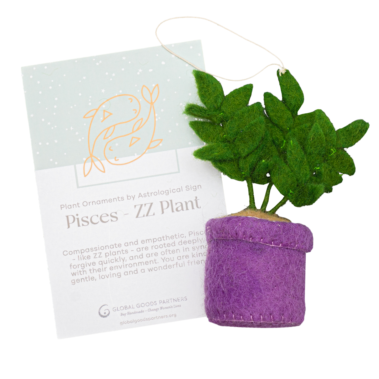 Felt ZZ Plant Ornament- Pisces Astrology Signs With Card - Fair Trade - Global Goods Partners