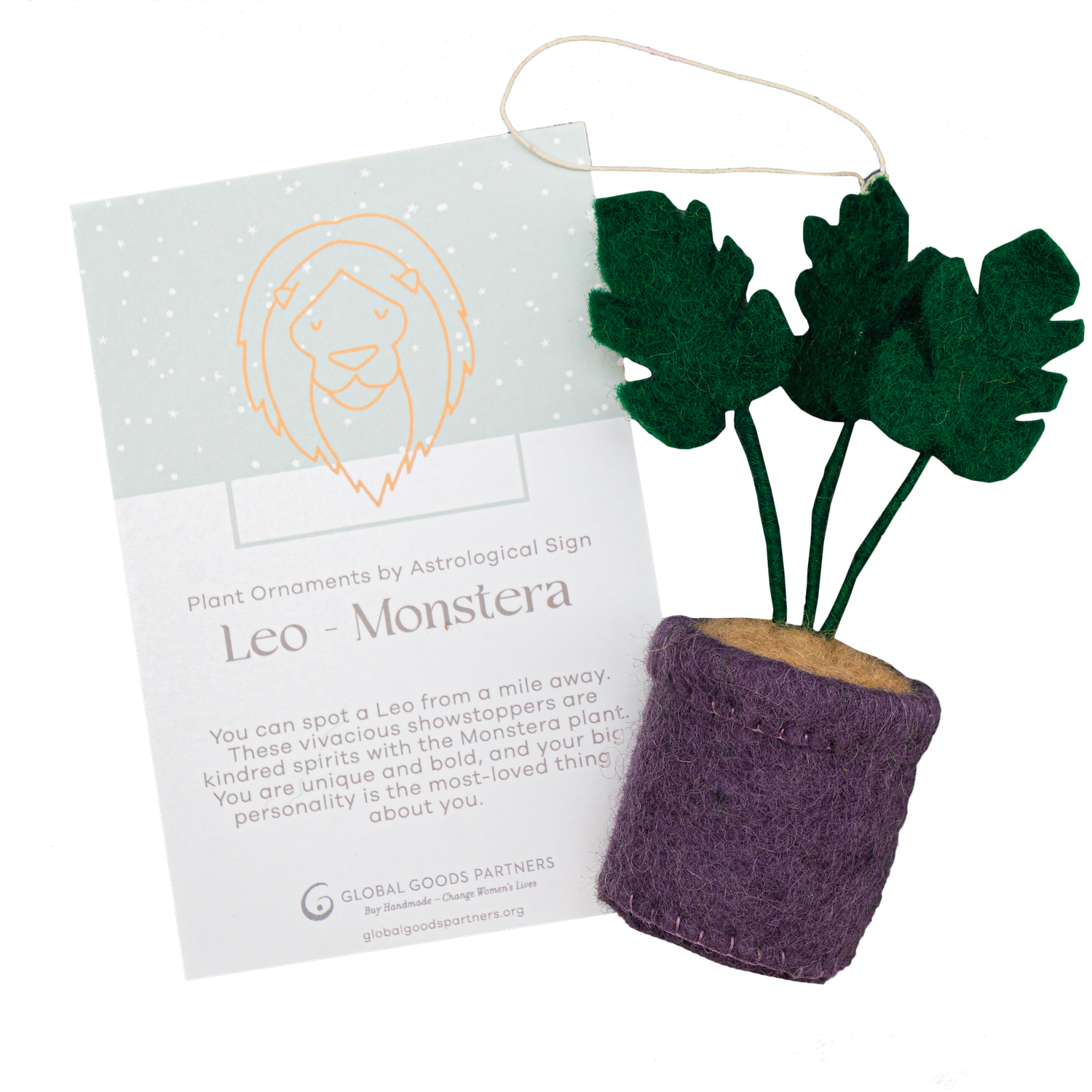 Felt Monstera Plant Ornament - Leo Astrology Signs With Card - Fair Trade - Global Goods Partners