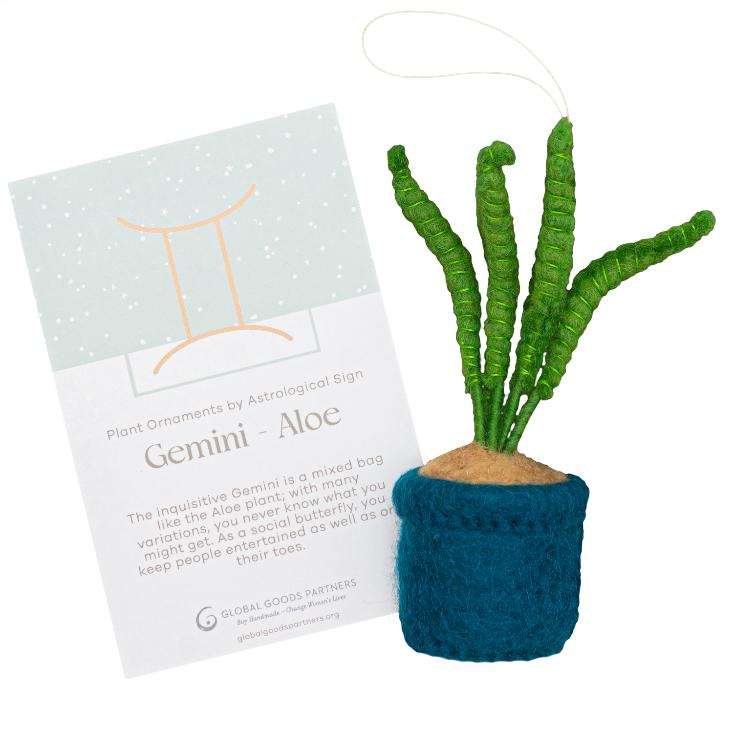 Felt Aloe Plant Ornament- Gemini Astrology Signs With Card - Fair Trade - Global Goods Partners
