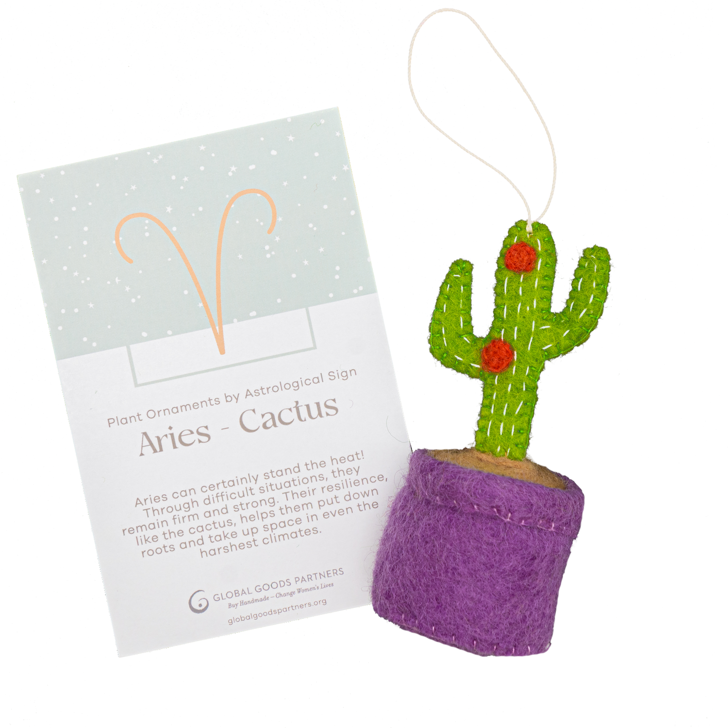 Felt Cactus Plant Ornament - Aries Astrology Signs With Card - Fair Trade - Global Goods Partners