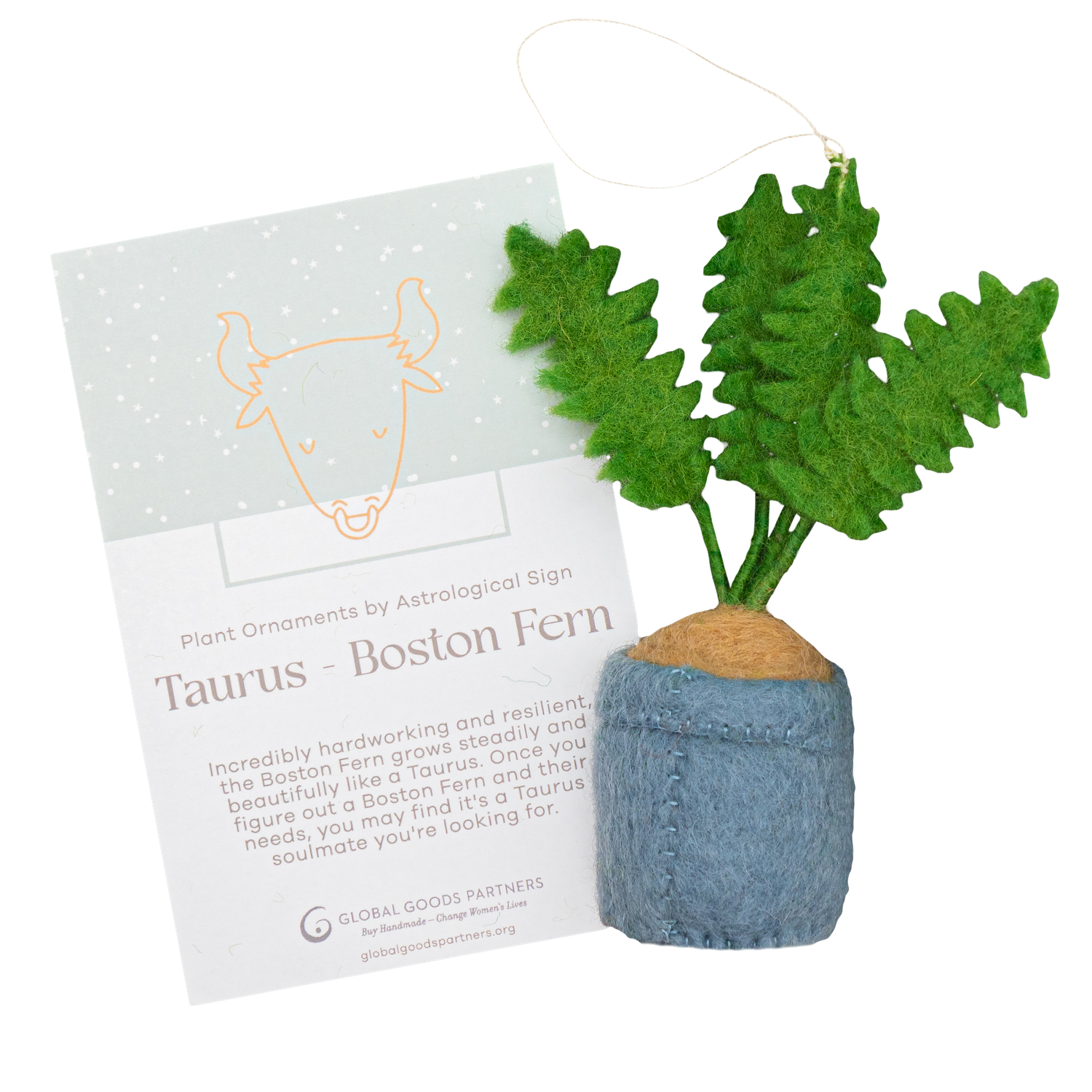 Felt Boston Fern Plant Ornament - Taurus Astrology Signs With Card - Fair Trade - Global Goods Partners