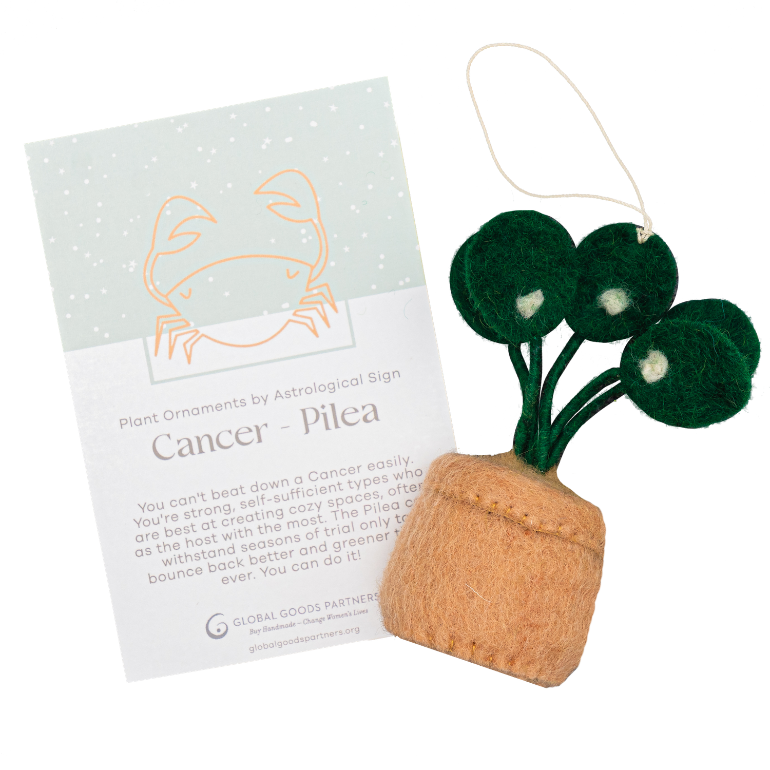 Felt Pilea Plant Ornament - Cancer Astrology Signs With Card - Fair Trade - Global Goods Partners