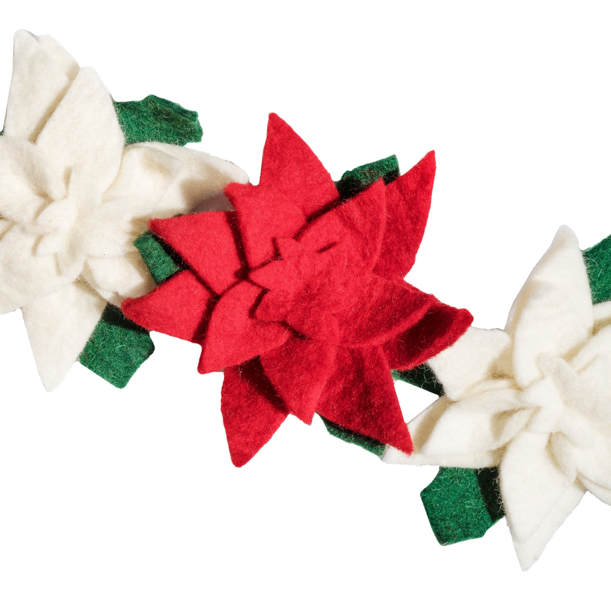 Red and White Felt Poinsettia Garland Holiday Decor Close-up - Fair Trade - Global Goods Partners