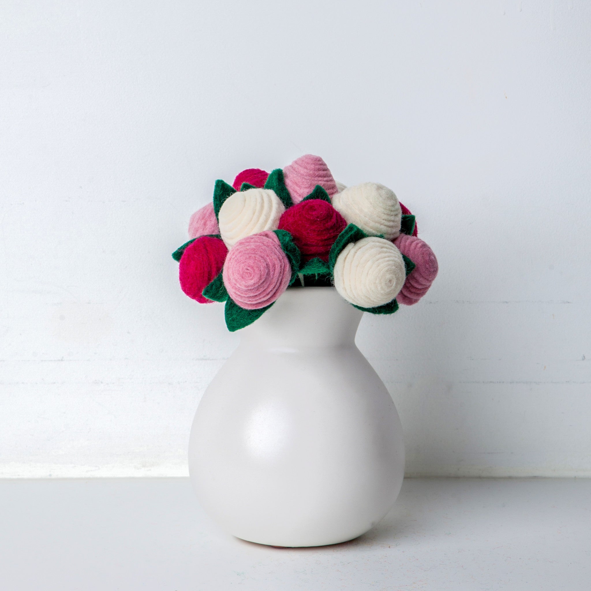 Valentine's Day theme Felt tea roses bouquet in vase - red, pink and white stems - Global Goods Partners- Fair Trade Felt Flowers