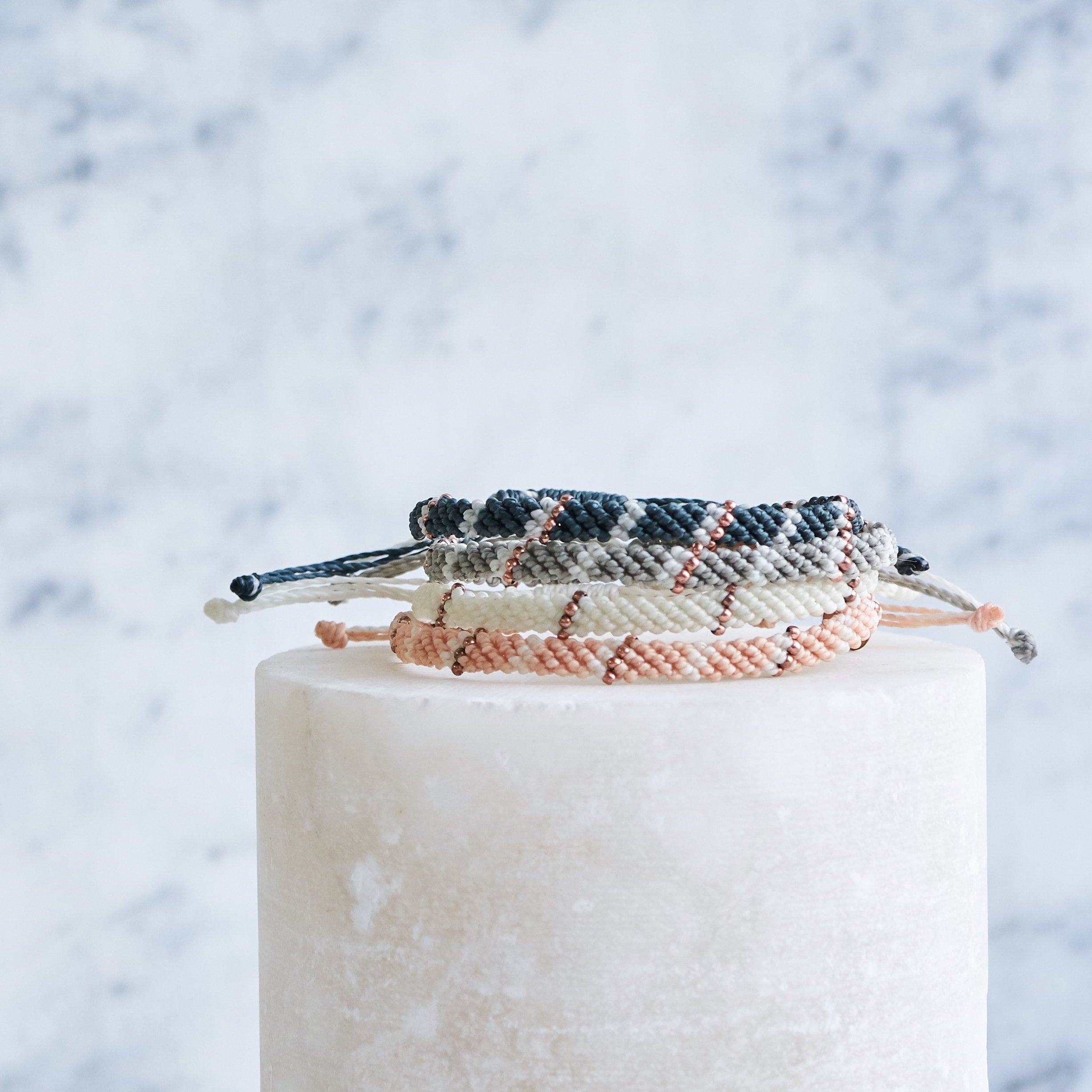 Global Goods Partners | Guatemala Waxed Polyester Cotton Brass Bead Leather Bracelets Education Give Back Grant Program Canal Street Market White Navy Grey Blush Pink Dark Blue Empower Women Artisans Central America Handmade Fair Trade