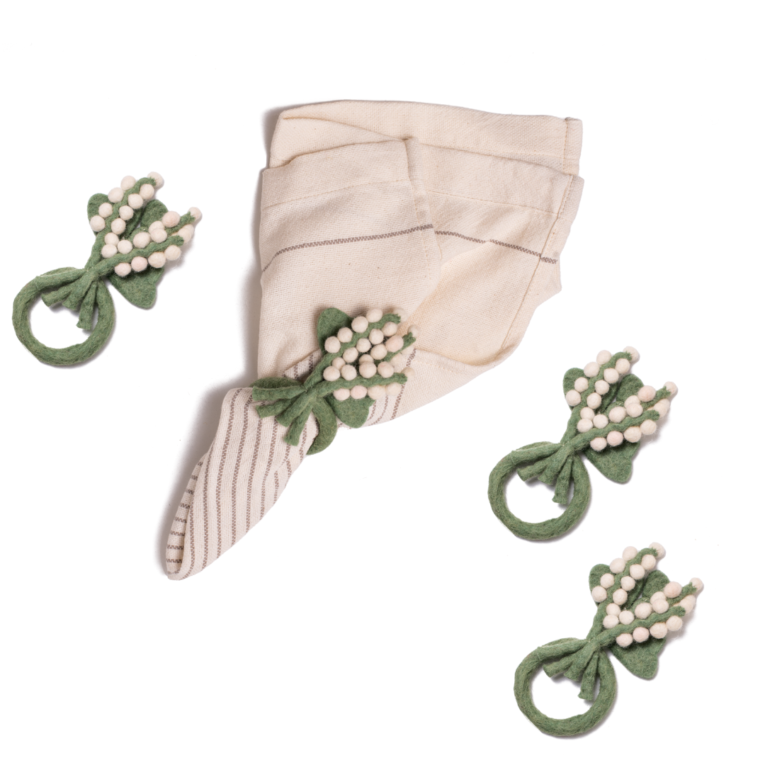 Felt Baby's Breath Napkin Rings - Set of Four - white and green - natural