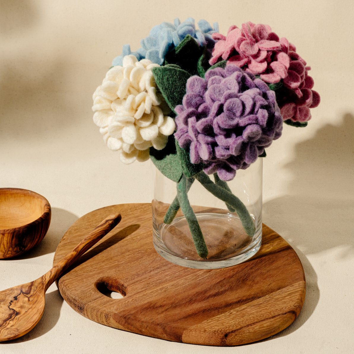 Felt Hydrangea Flower bouquet in a glass vase -Fair Trade -Global Goods Partners