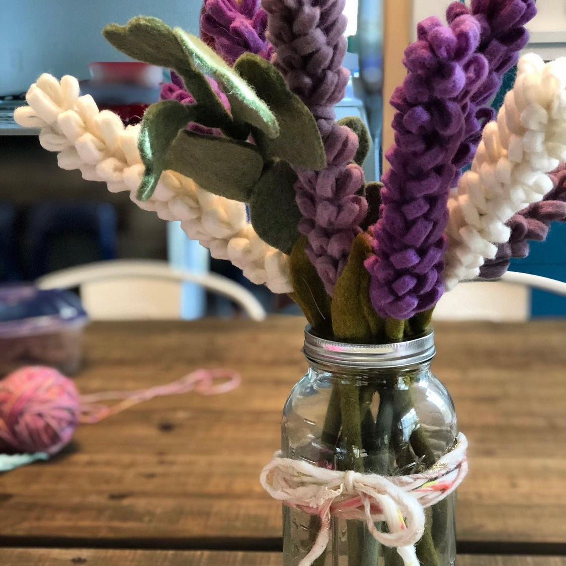 Stems of Lavender Felt Flowers in Purple and White in a Glass Mason Jar - Home Decor Styling - Global Goods Partners Fair Trade