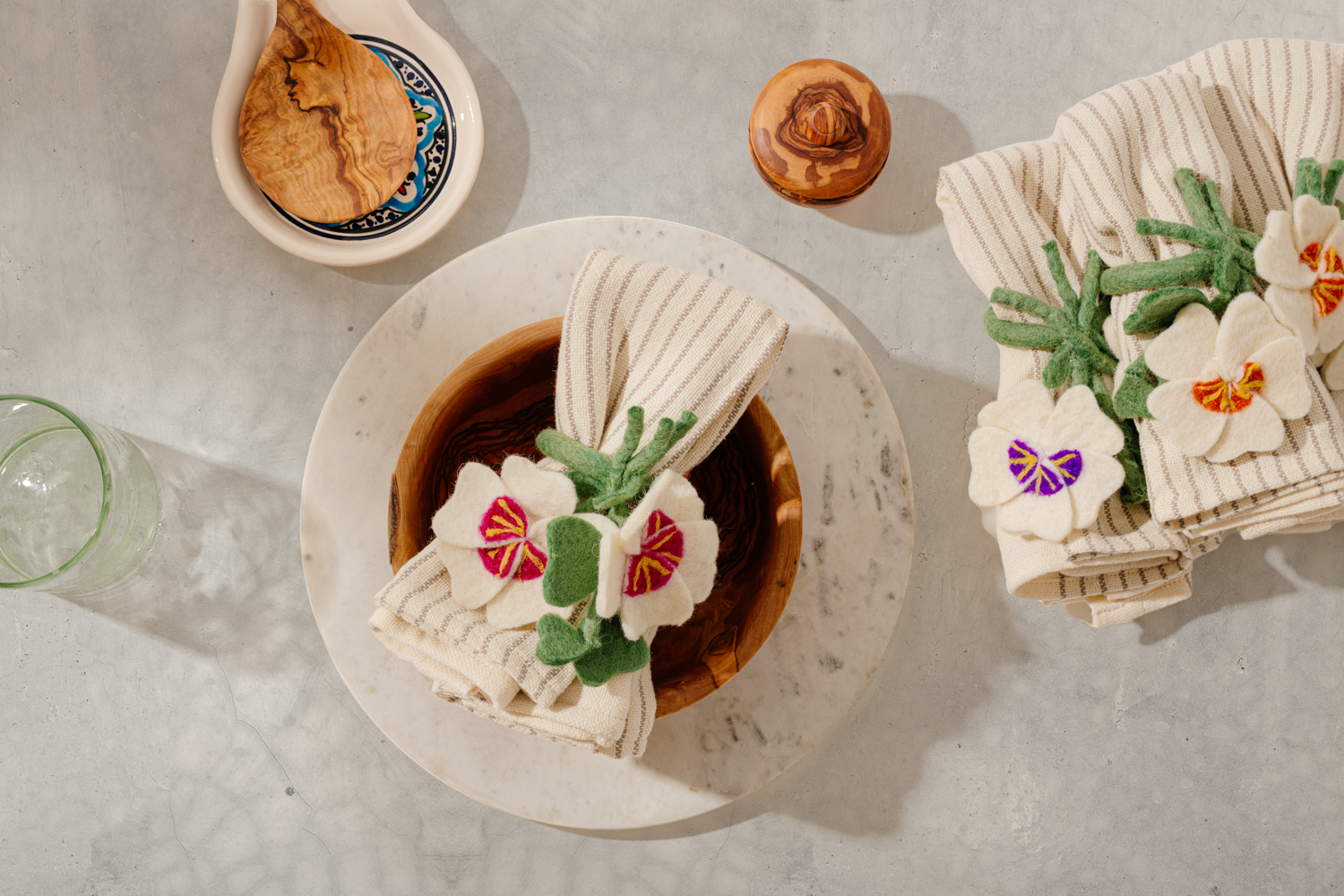 Felt Pansy Napkin Rings - Set of Four - Napkins - Flat Lay Set-up - Global Goods Partners