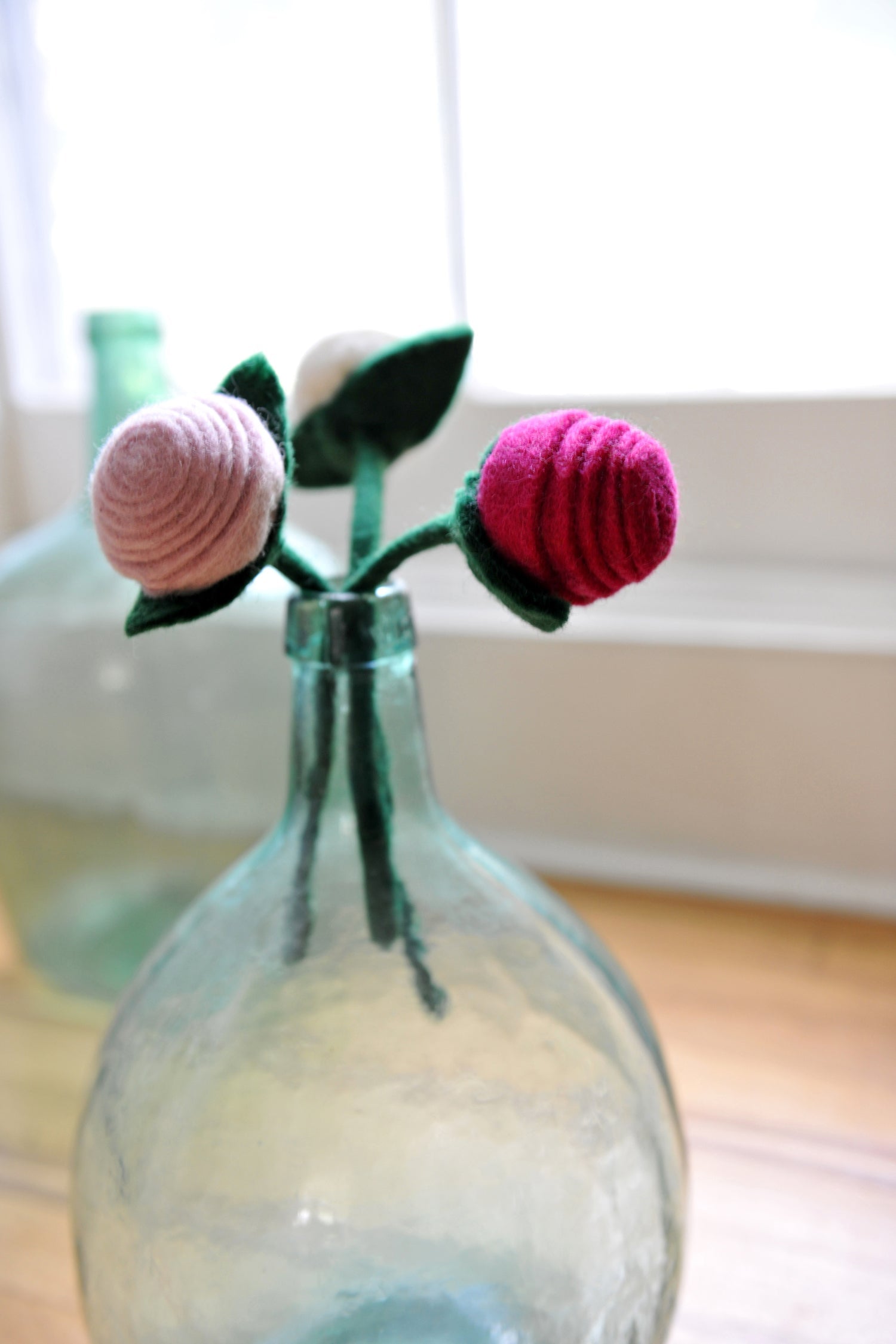 Felt tea roses bouquet in glass vase - red, pink stems - Global Goods Partners- Fair Trade Felt Flowers