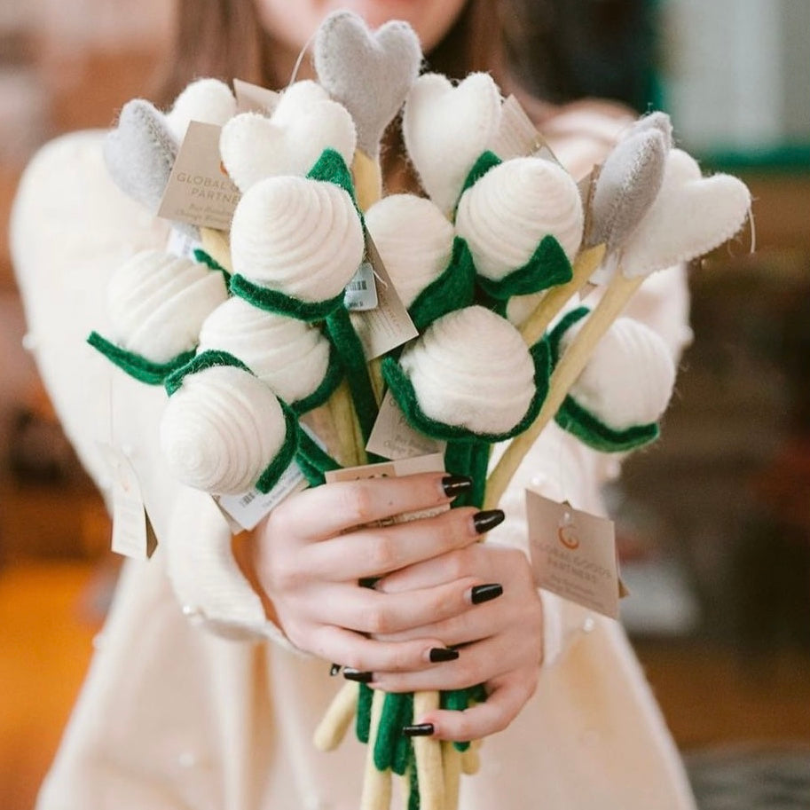 White Felt tea roses bouquet in hand -white stems - Global Goods Partners- Fair Trade Felt Flowers