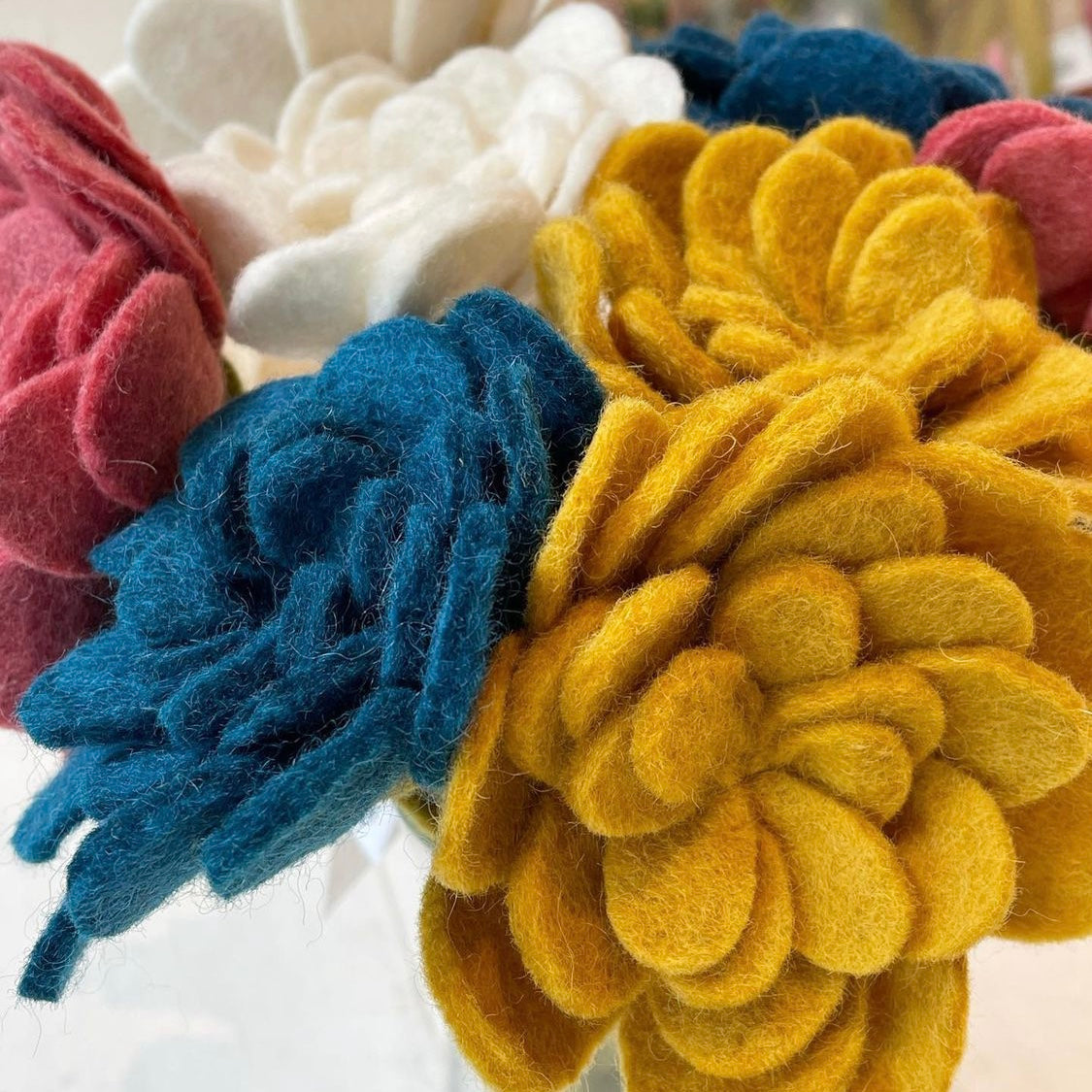 Close-up Felt Zinna Flowers various colors- Global Goods Partners - Fair Trade