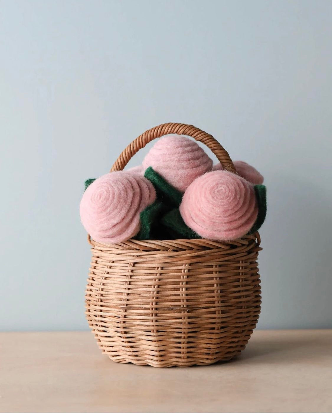 Soft Pink Felt tea roses bouquet in basket - pink stems - Global Goods Partners- Fair Trade Felt Flowers