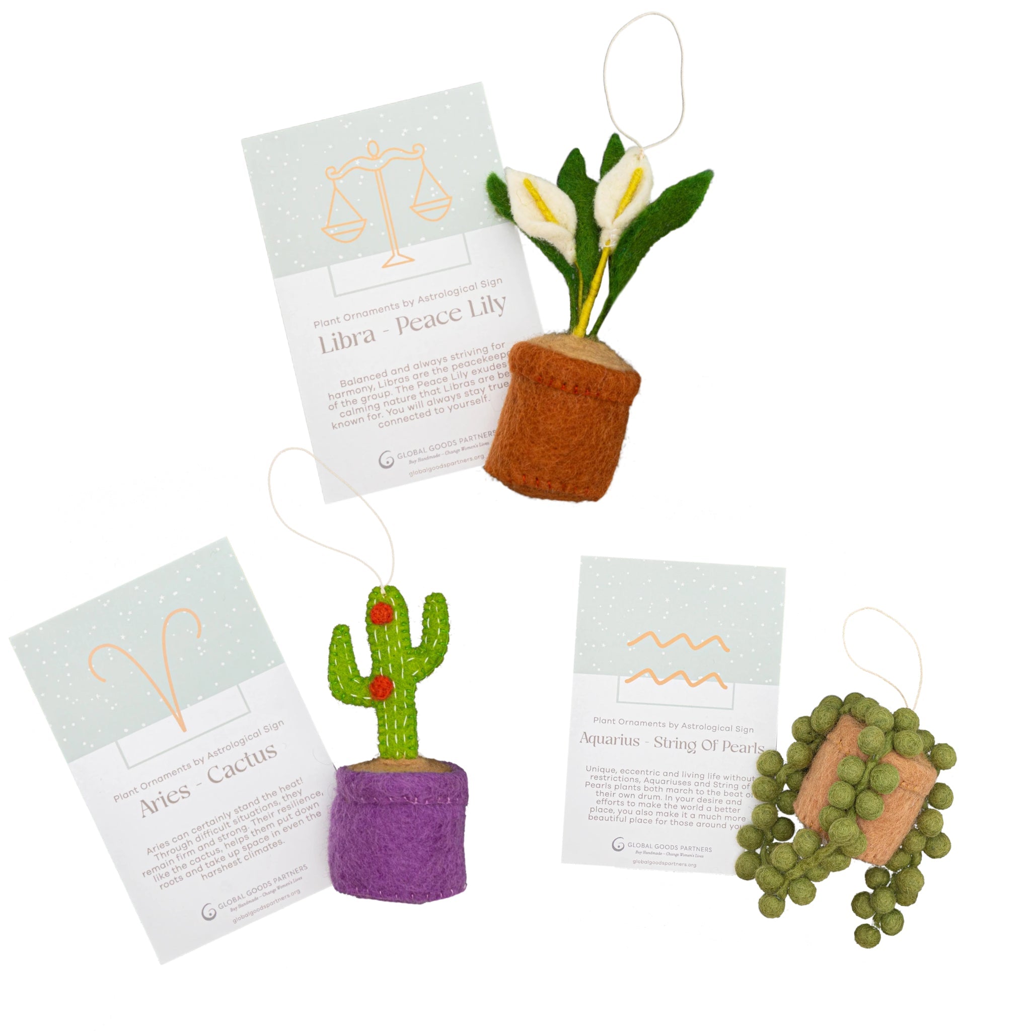Felt Plant Ornament Astrology Signs With Cards ready for gifting - Fair Trade - Global Goods Partners