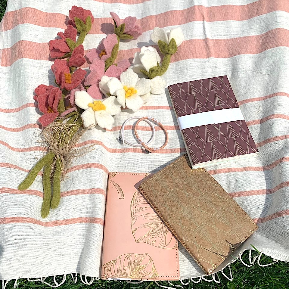 Felt Cherry Blossom Stems in Pink and White Flat Lay Bouquet - Fair Trade -Global Goods Partners