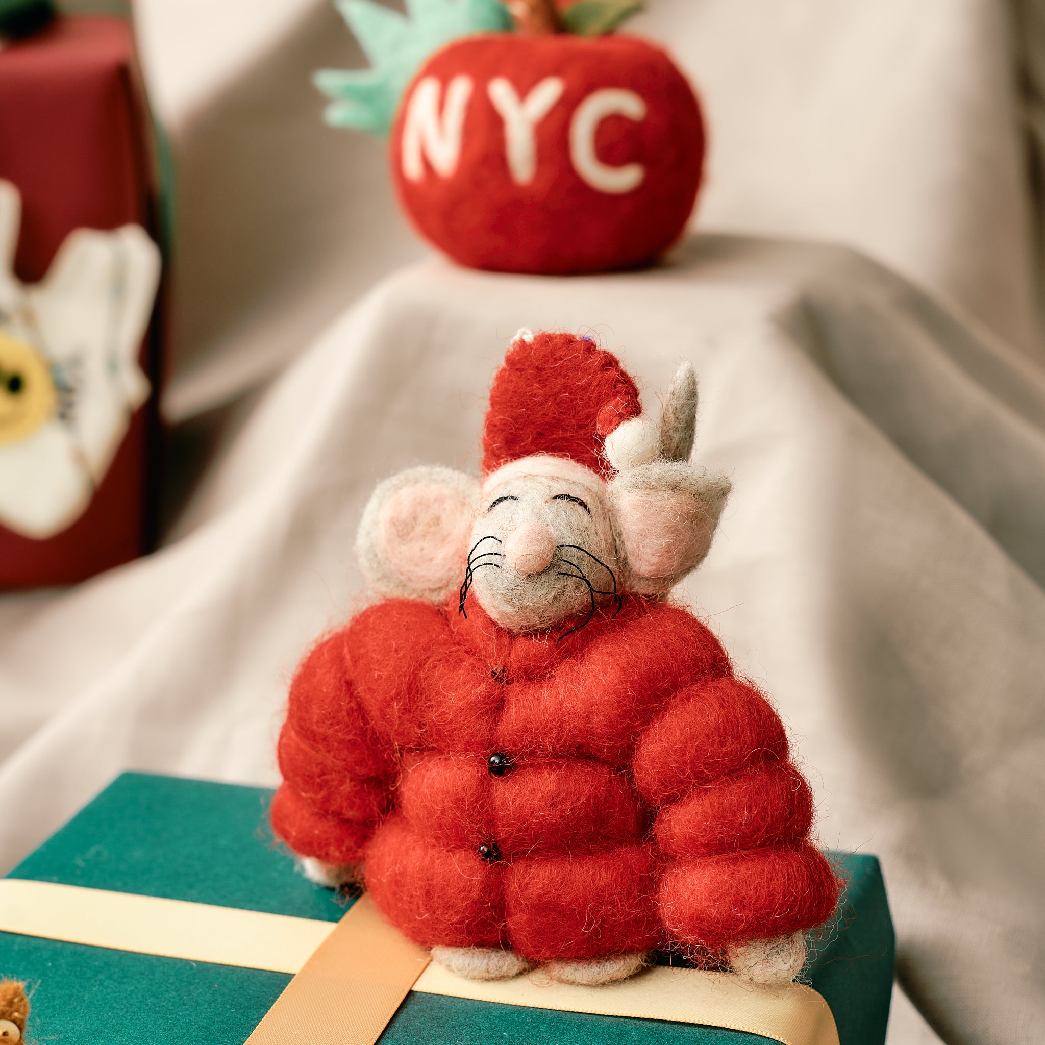 Felt Puffer Coat Santa Hat Mouse Ornament