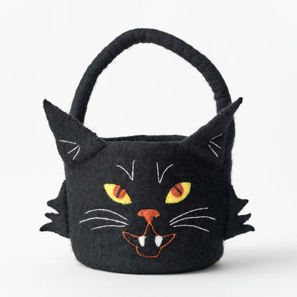 Handmade, fair trade, felt Black cat-shaped basket with embroidered face on a white background | Global Goods Partners