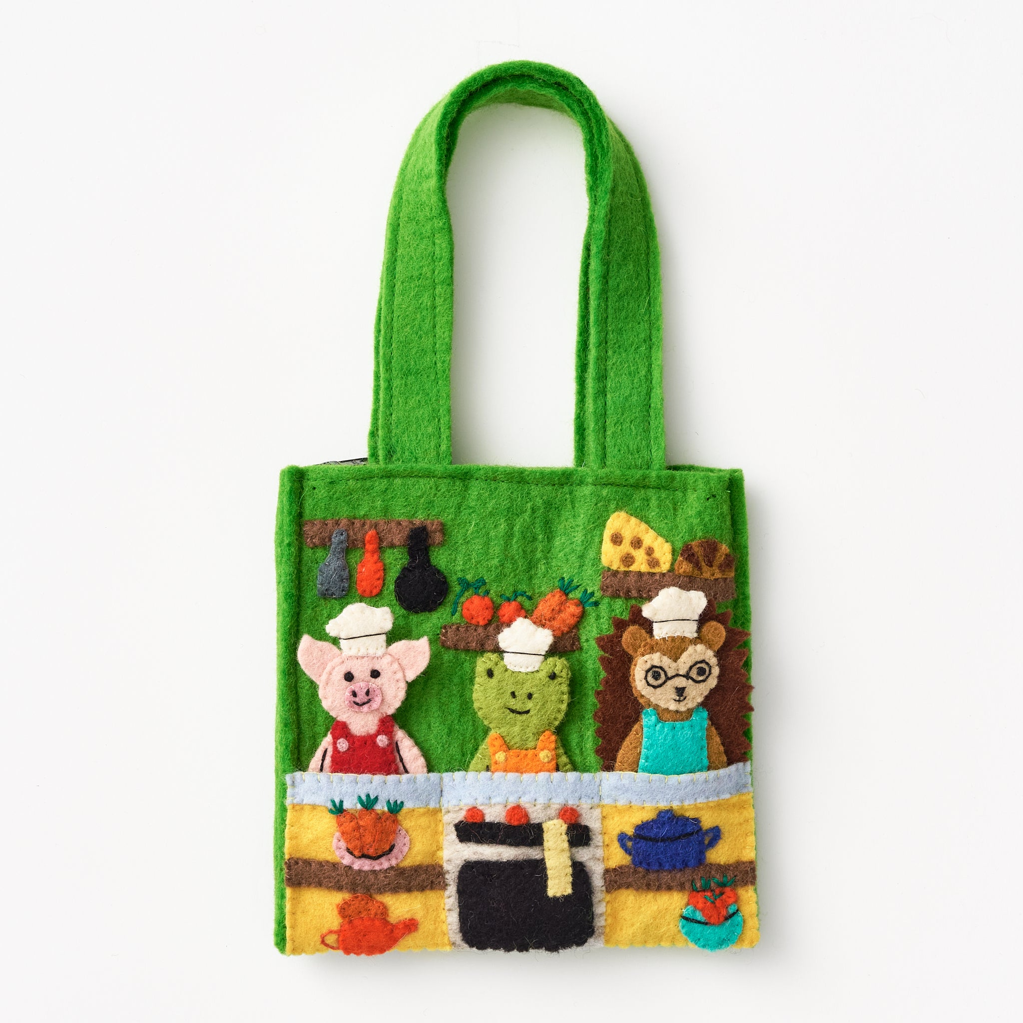 Colorful handmade felt bag with animal characters and kitchen-themed design on a white background | Global Goods Partners