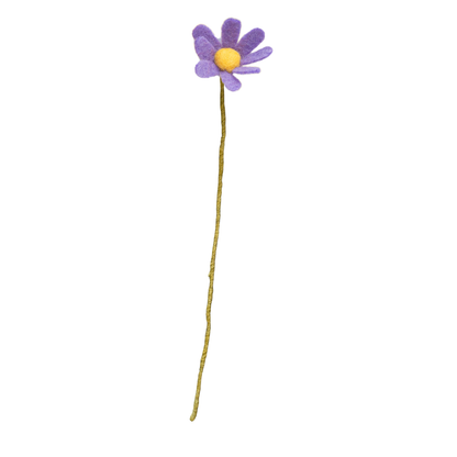 Purple handmade felt flower with a yellow center on a white background | Global Goods Partners