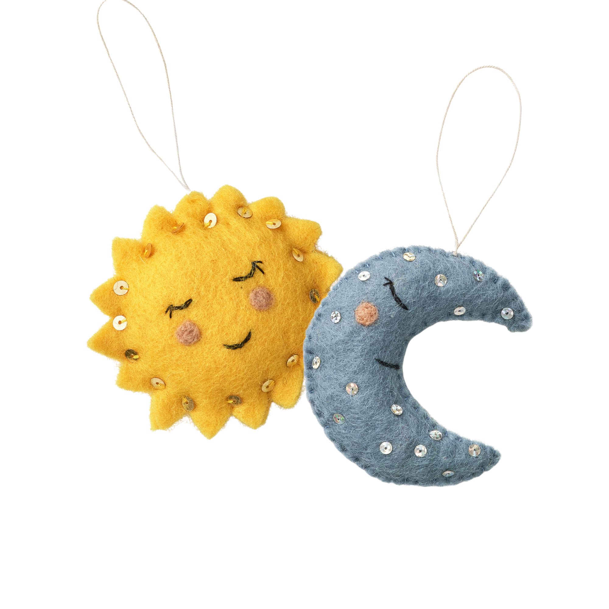 Handmade, fair trade felt sun and moon ornaments with embroidered faces on a white background | Global Goods Partners