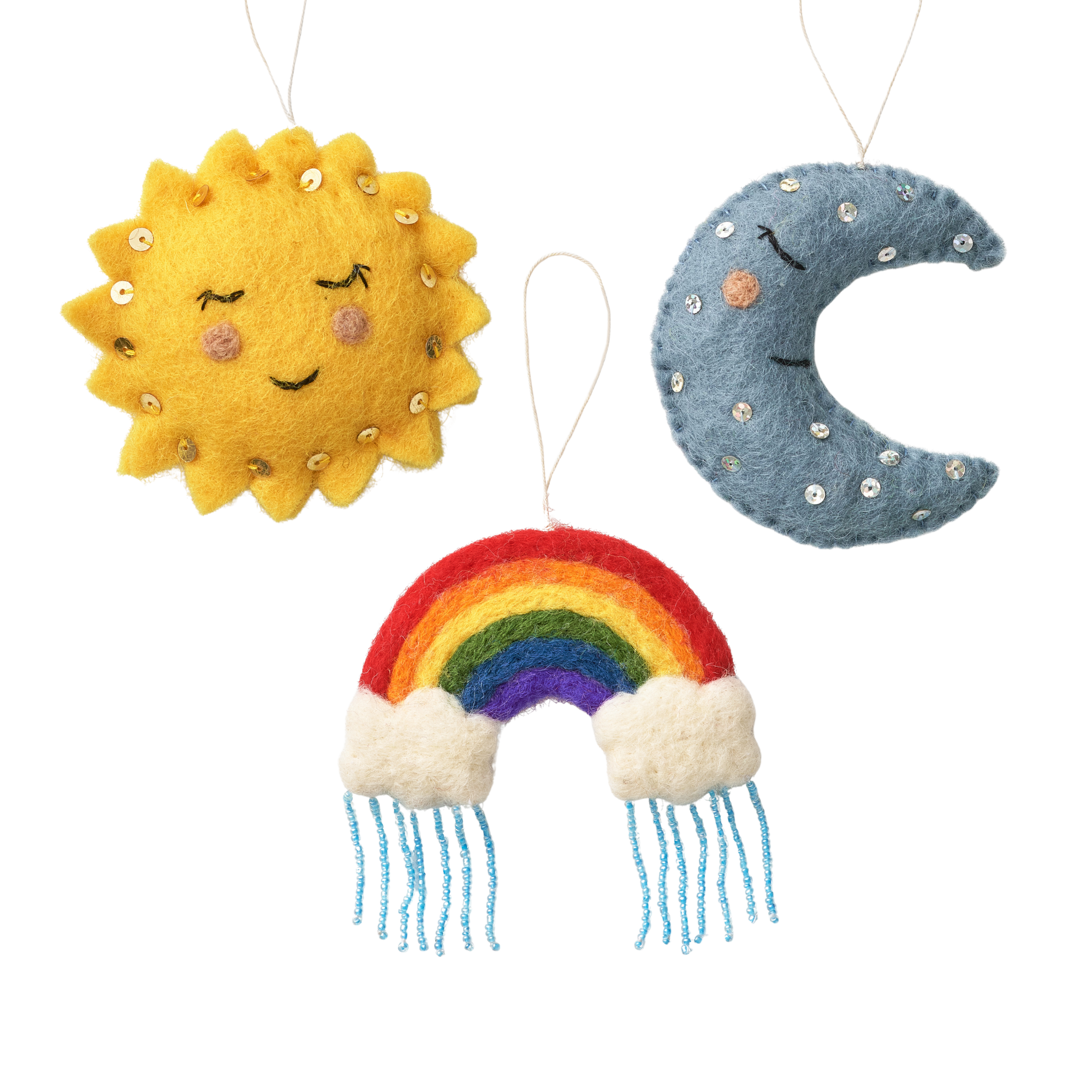 Felt handmade decorations of a sun, rainbow, and moon on a white background | Global Goods Partners
