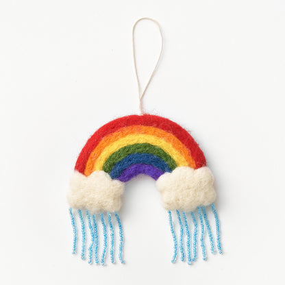 Colorful felted rainbow ornament with clouds and rain beads on a white background. Handmade & fair trade | Global Goods Partners