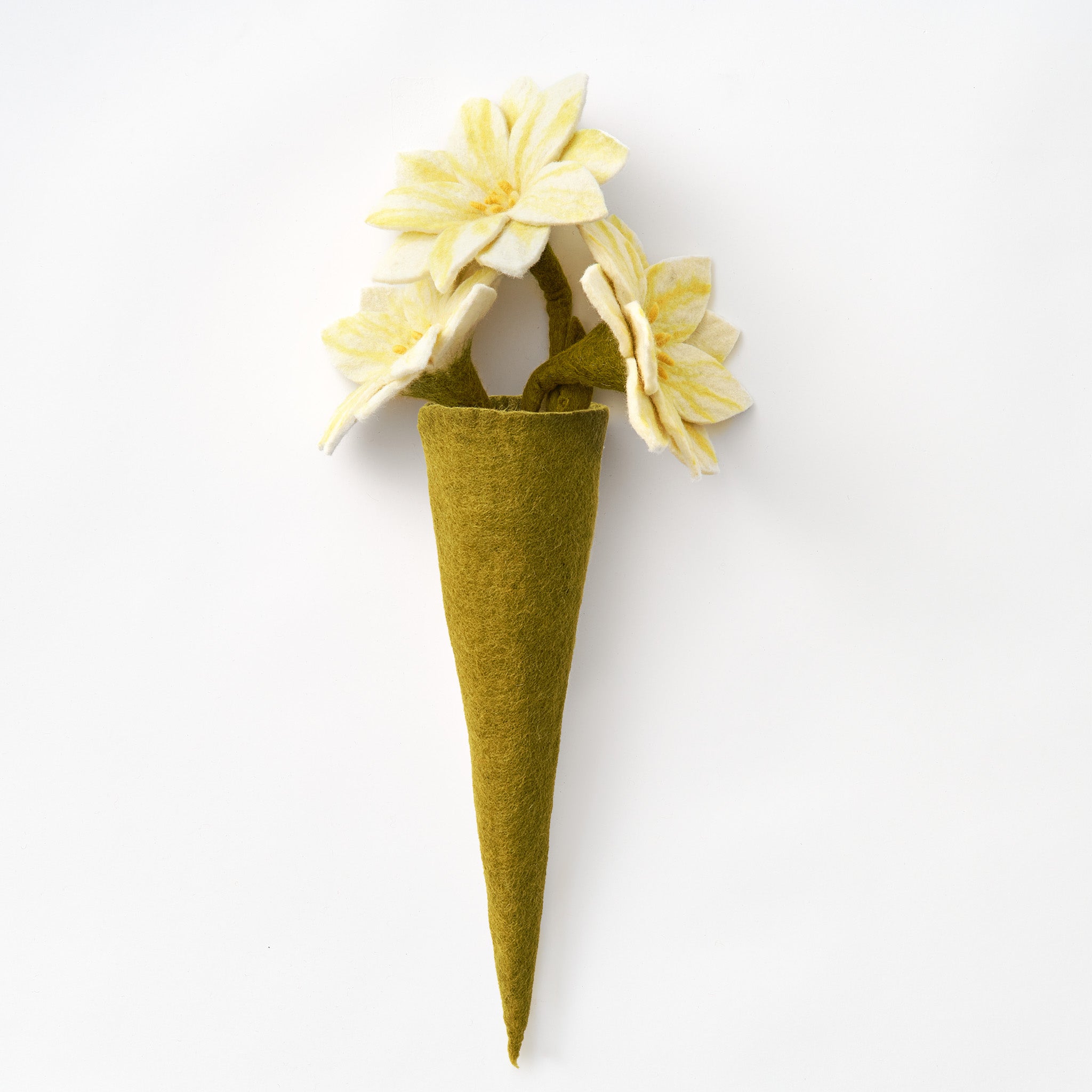 A cone-shaped olive green felt flower vase containing pale yellow felt flowers, shown against a plain white background. Handmade and fair trade | Global Goods Partners