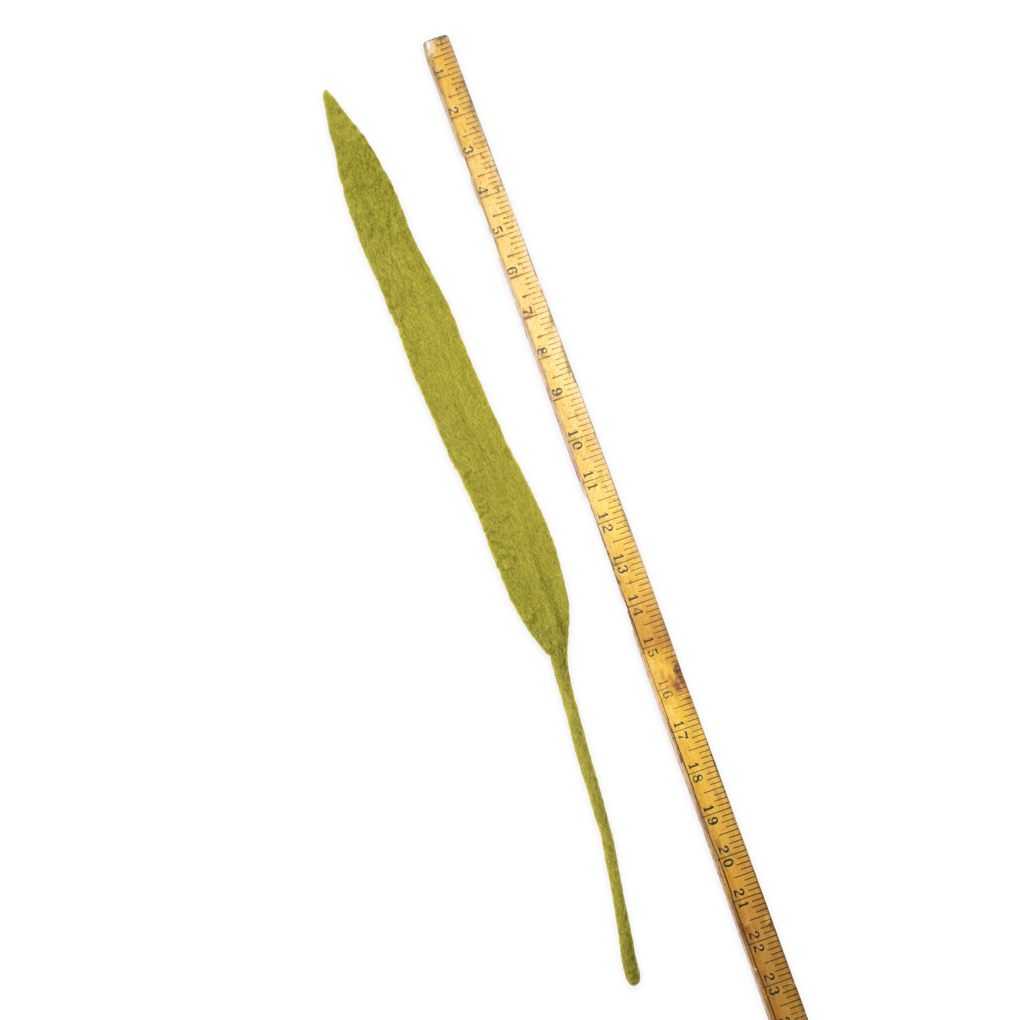 Fair trade felt green leaf next to a ruler on a white background | Global Goods Partners