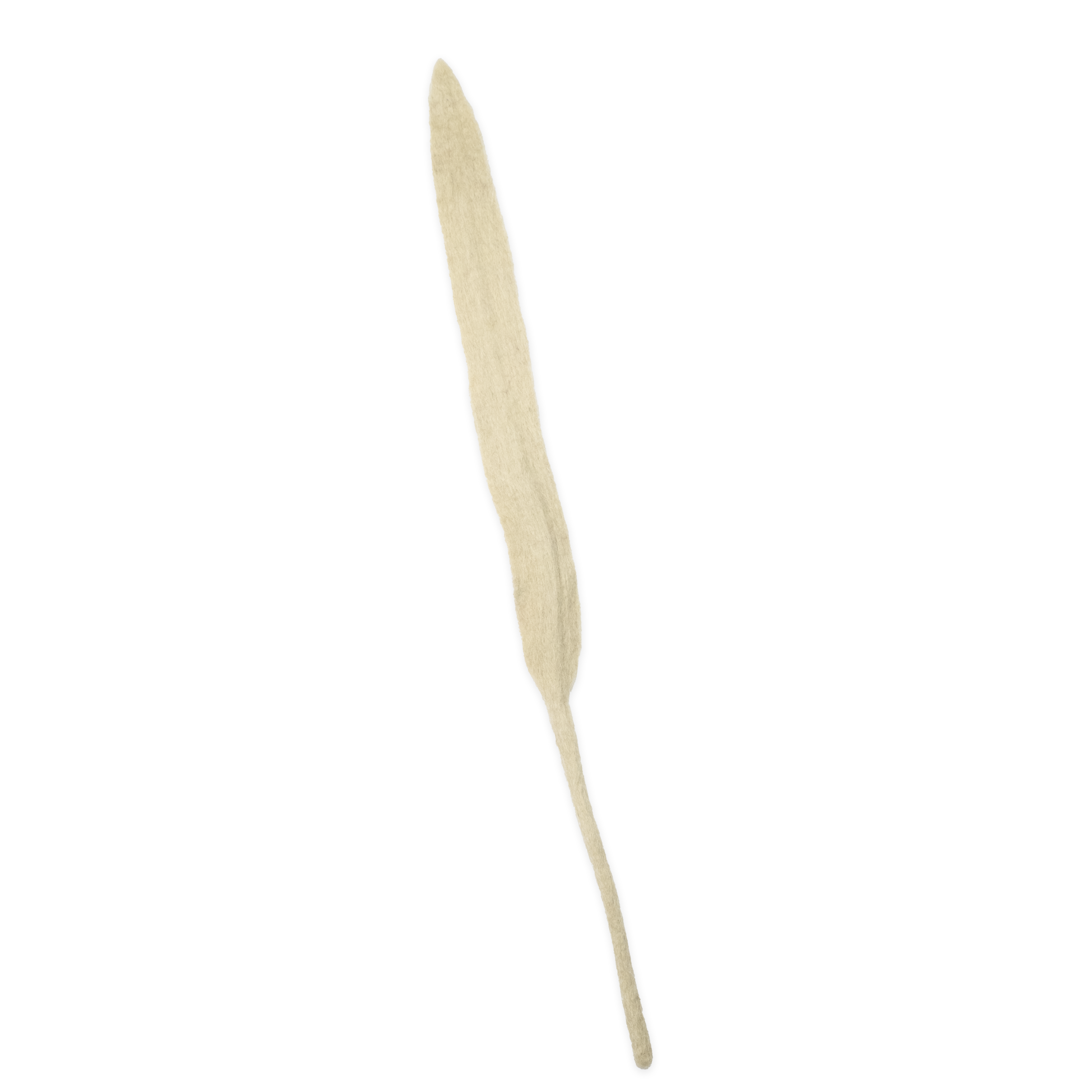 Single beige felt leave shaped almost like a feather on a white background. Leaf handmade by women artisans in Nepal | Global Goods Partners