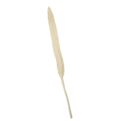 Single beige felt leave shaped almost like a feather on a white background. Leaf handmade by women artisans in Nepal | Global Goods Partners
