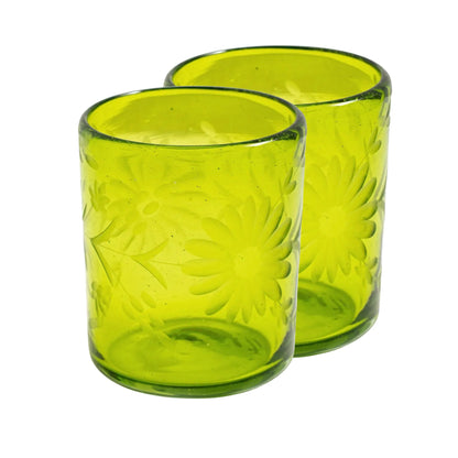 Two green glass tumblers with floral patterns on a white background | Global Goods Partners