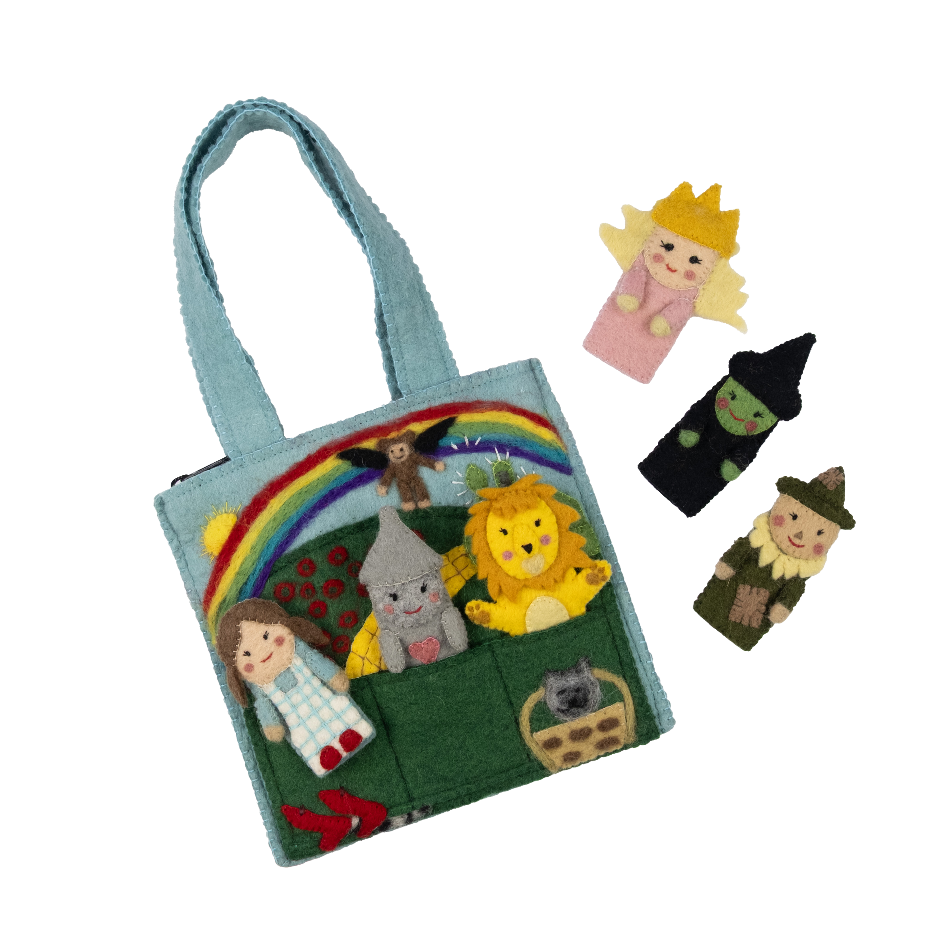 Felt puppet bag for kids with colorful characters and six separate puppets on a white background | Global Goods Partners